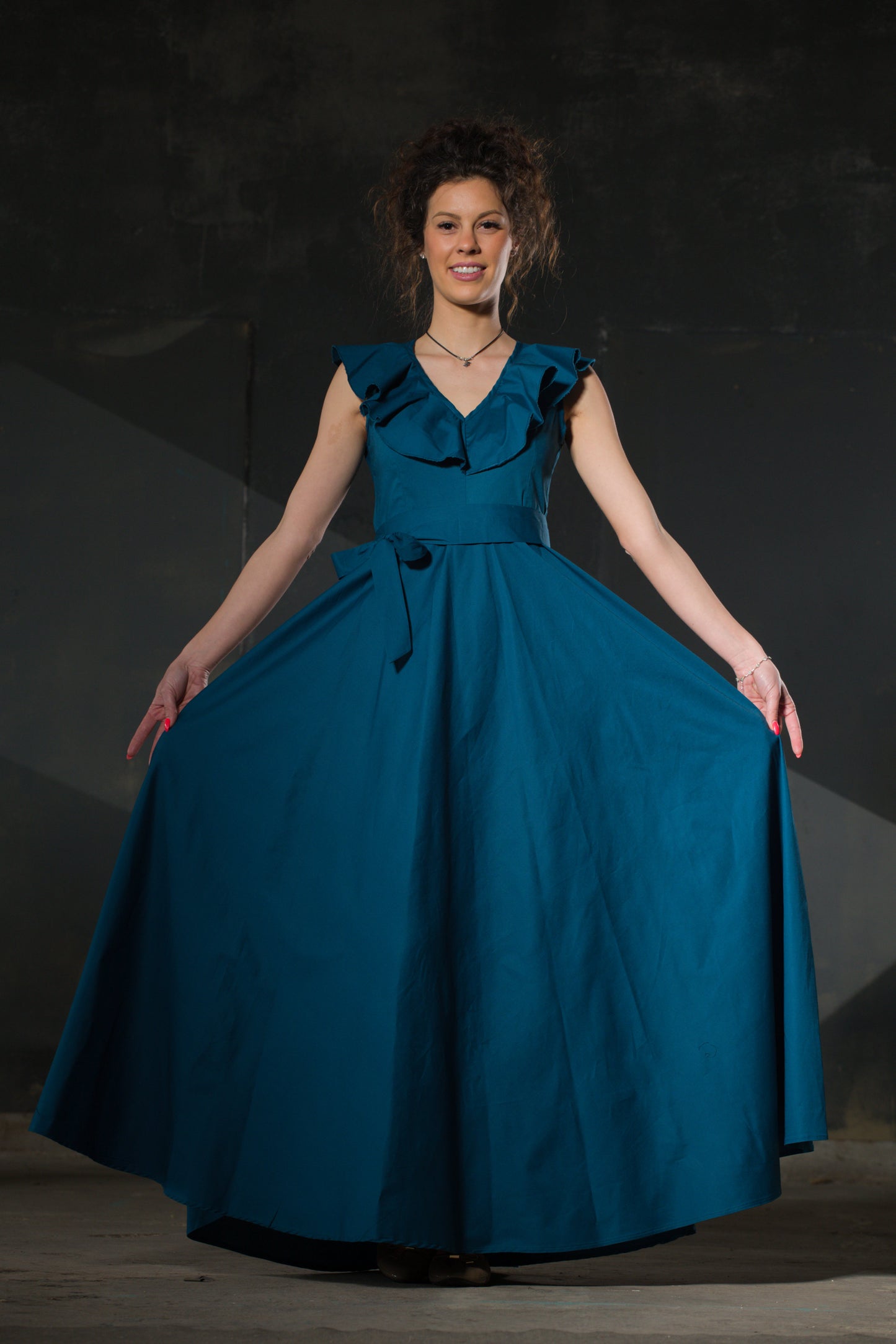 Teal Maxi Dress — Ruffle V-Neck, Full Skirt