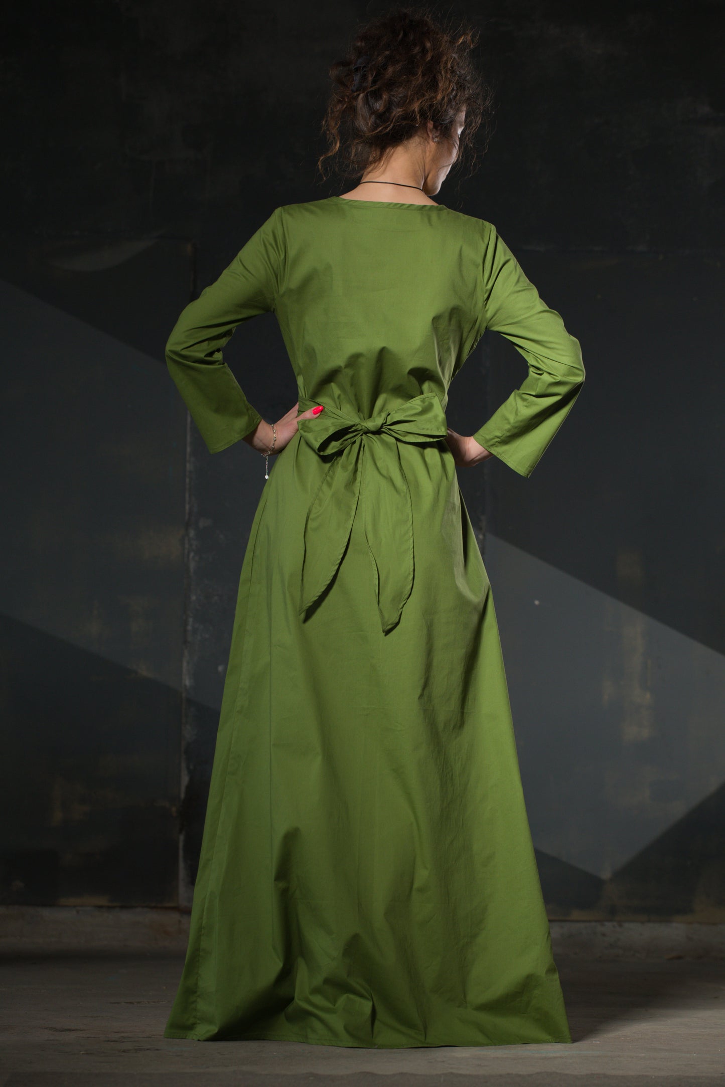 Olive Green Maxi Dress — Long Sleeve, Belted Waist
