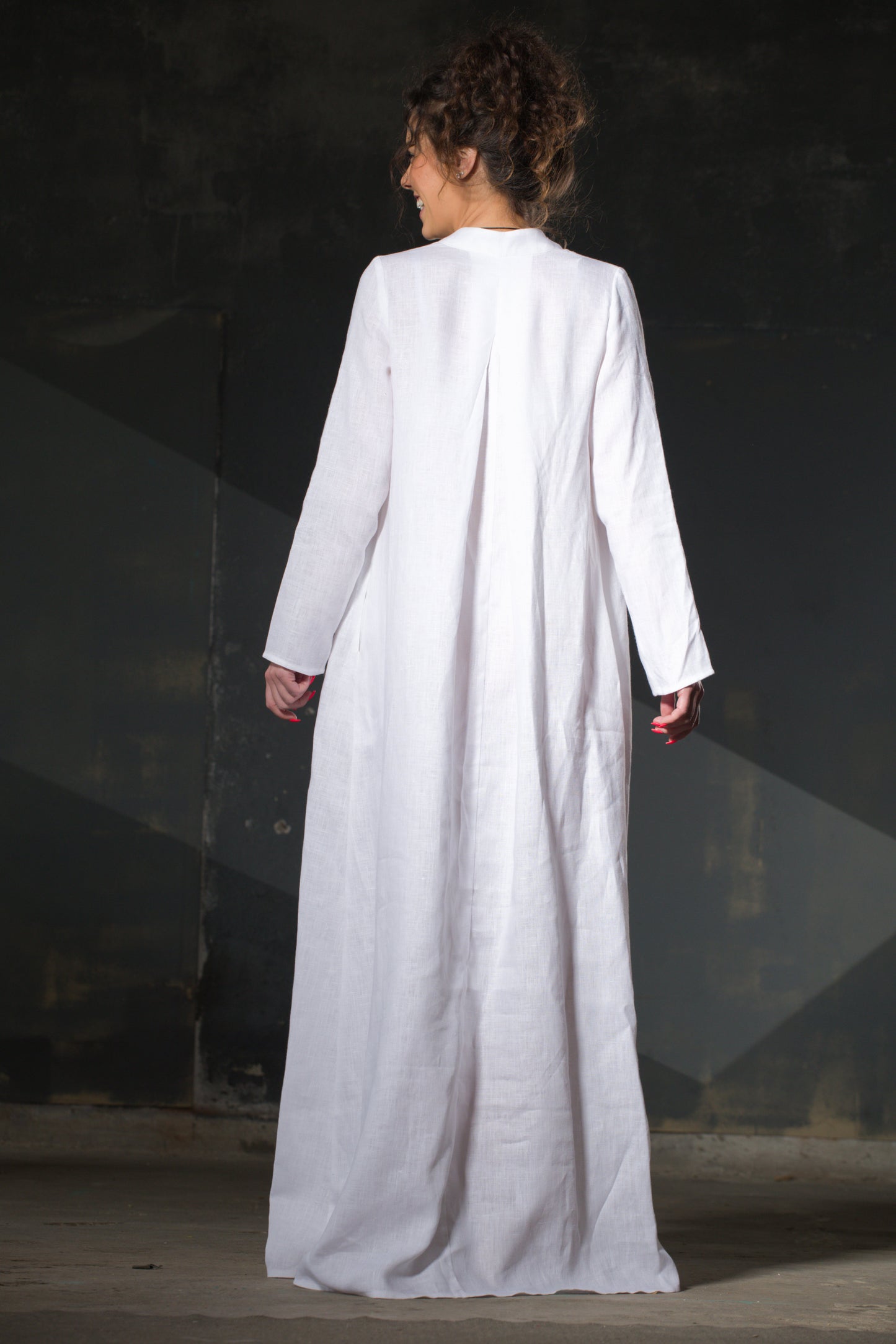White Linen Maxi Dress — Mandarin Collar, Long Sleeve