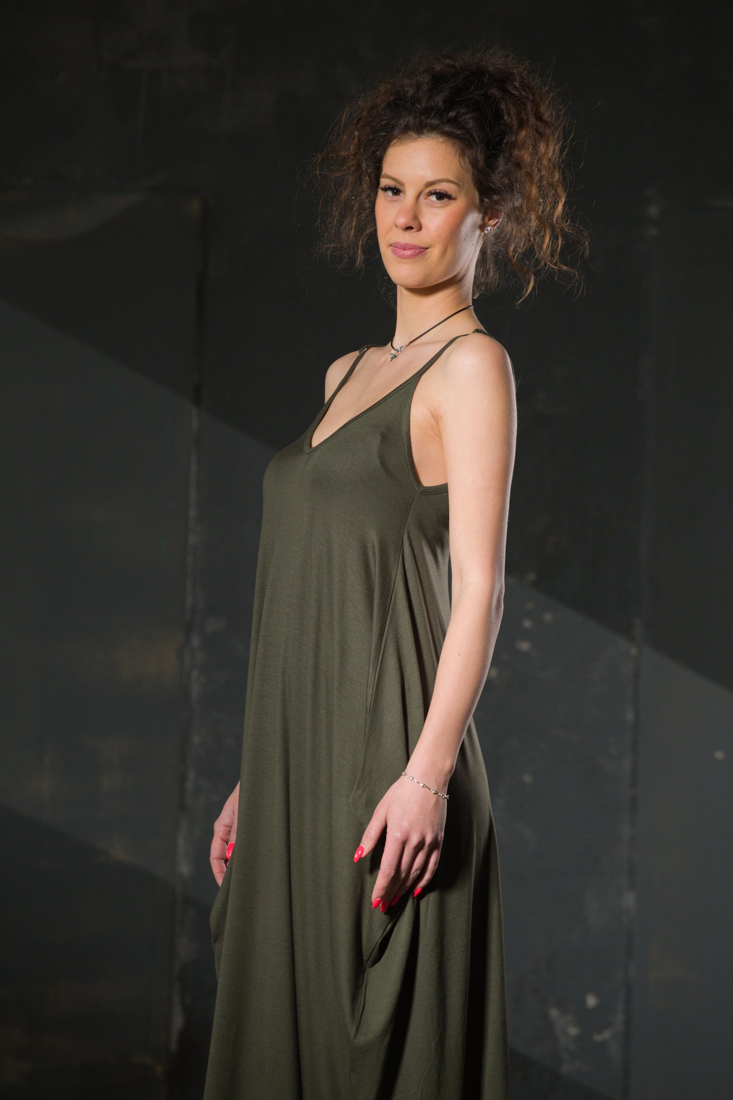 Olive Spaghetti-Strap Draped Maxi — Jersey
