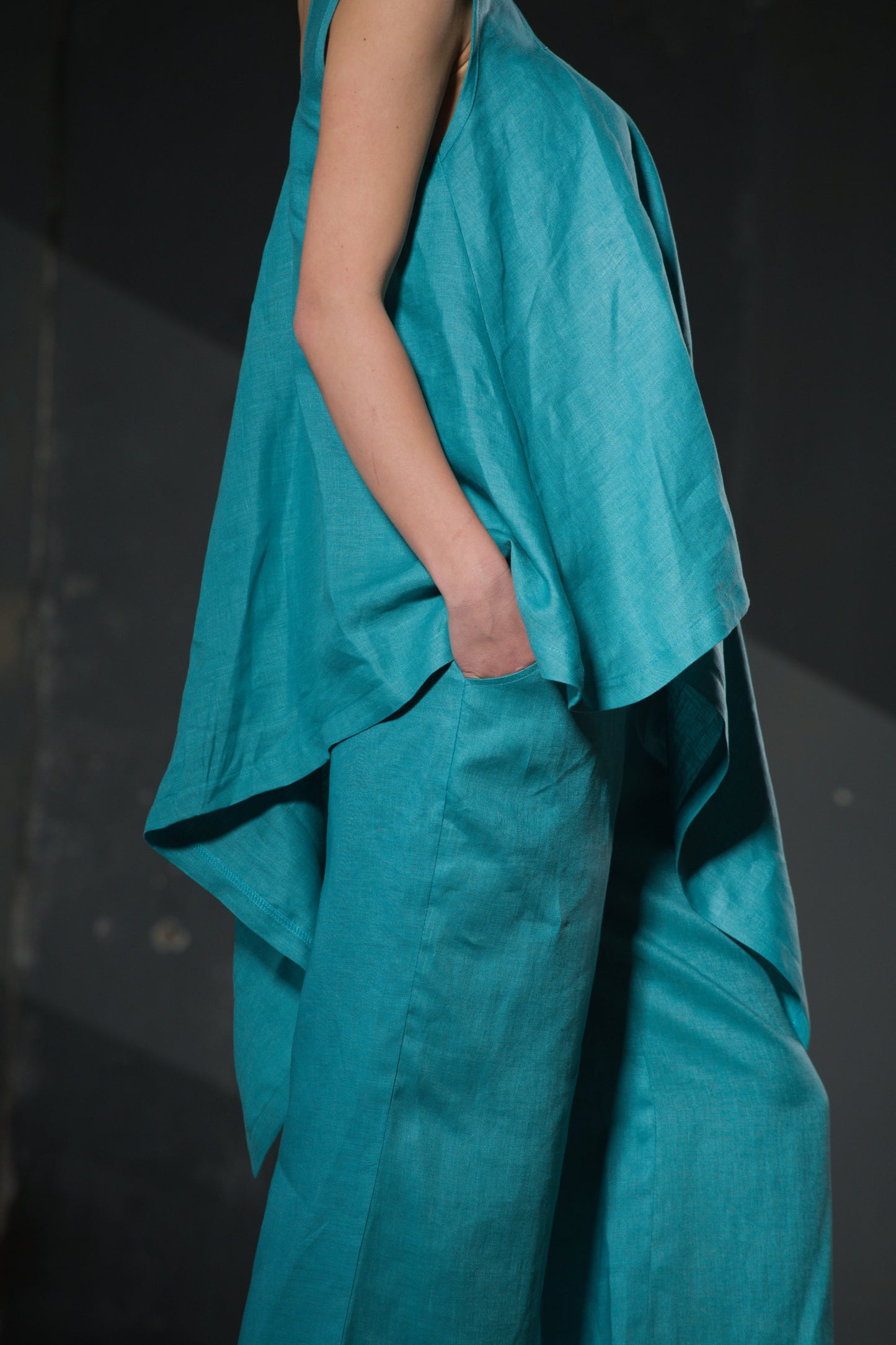 Turquoise Asymmetric Linen Cami Top — Mixed Straps