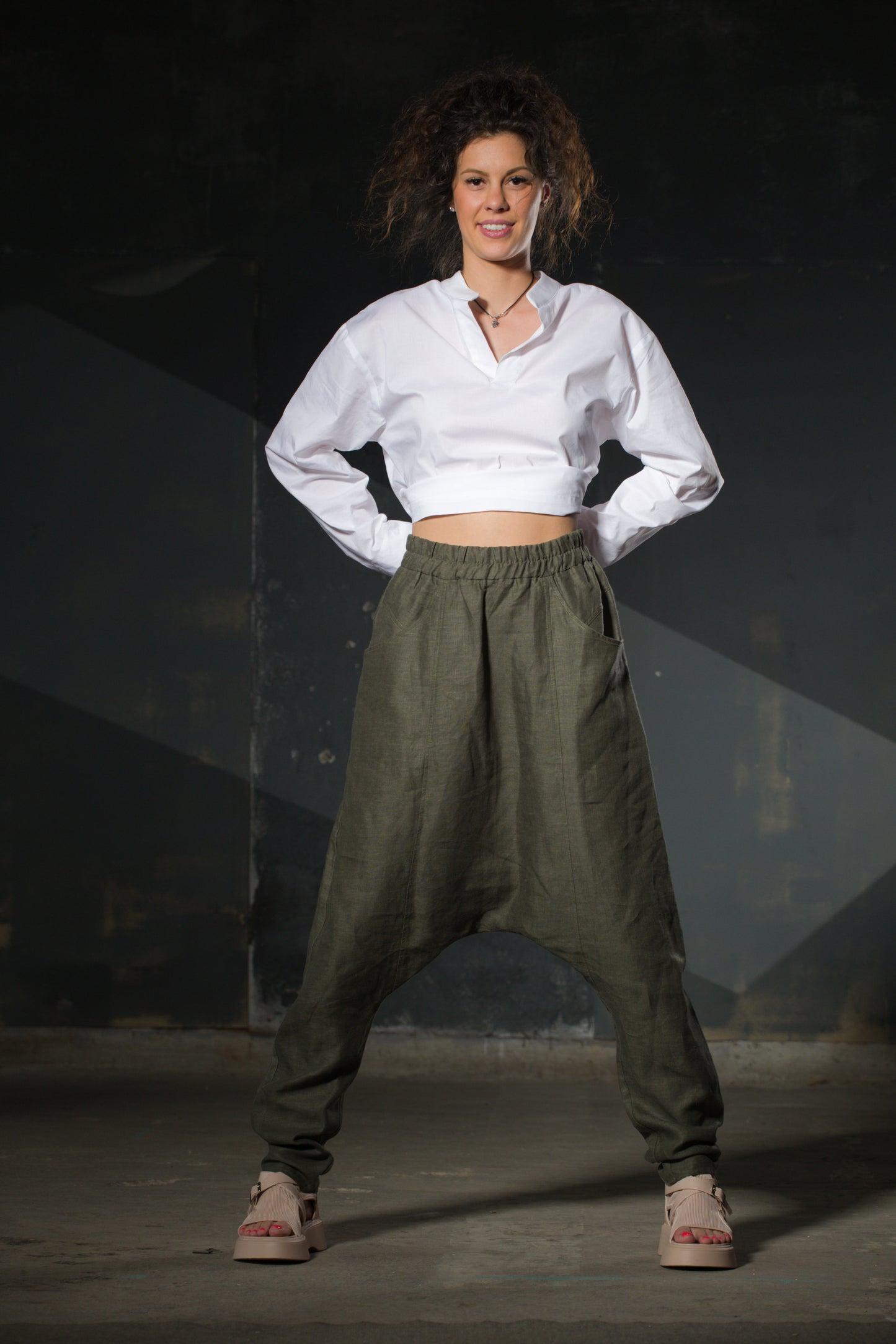 Black Wide-Leg Harem Trousers — Elastic Waist