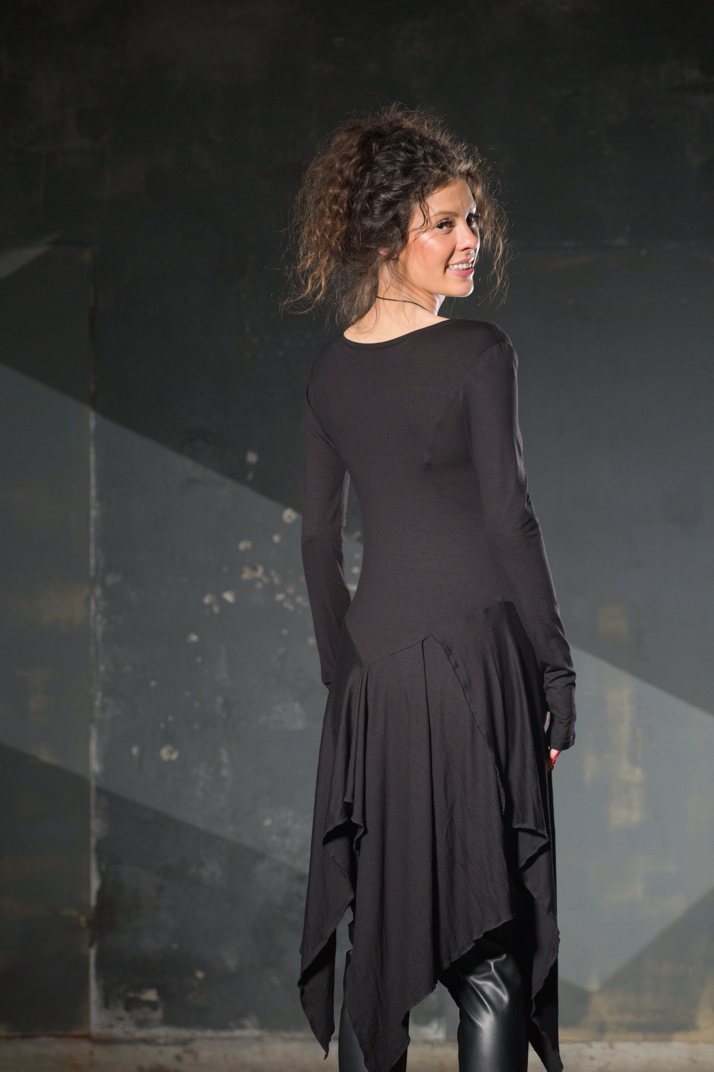 Black Jersey Asymmetric Tunic — Off-Shoulder, Thumb Holes