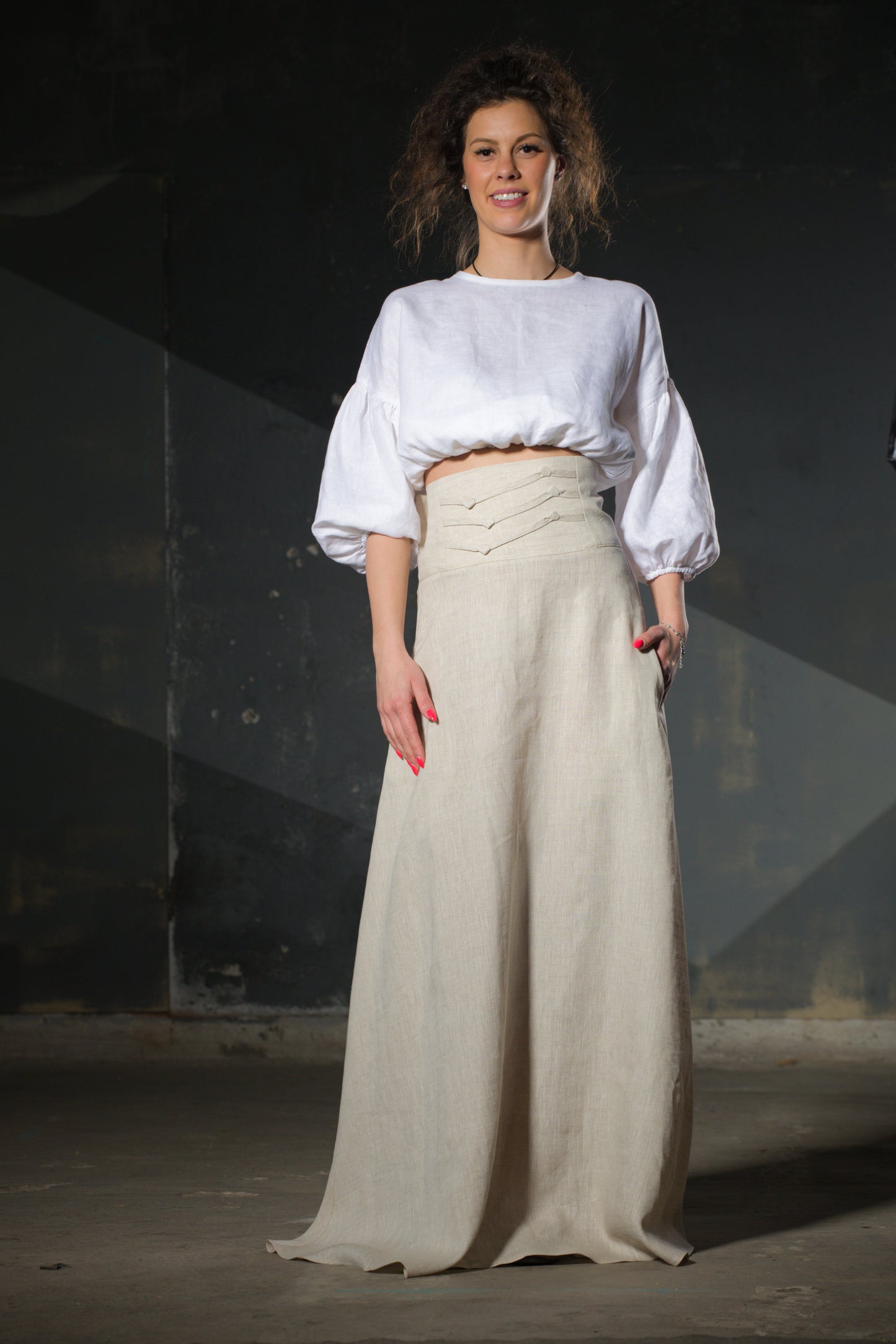 Natural Linen Midi Skirt — Structured Waist