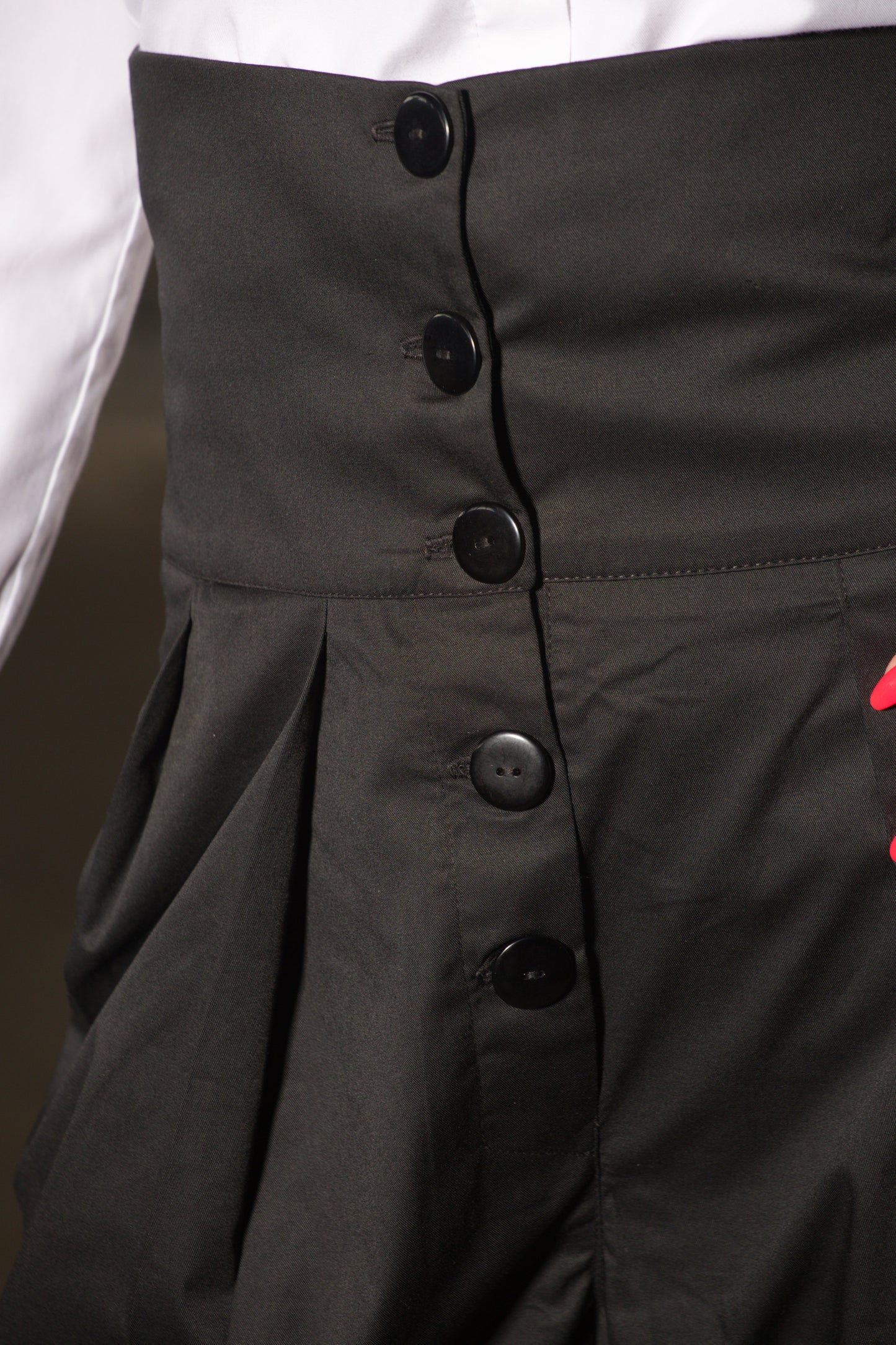 Black Midi Shorts — High Waist, Button Front