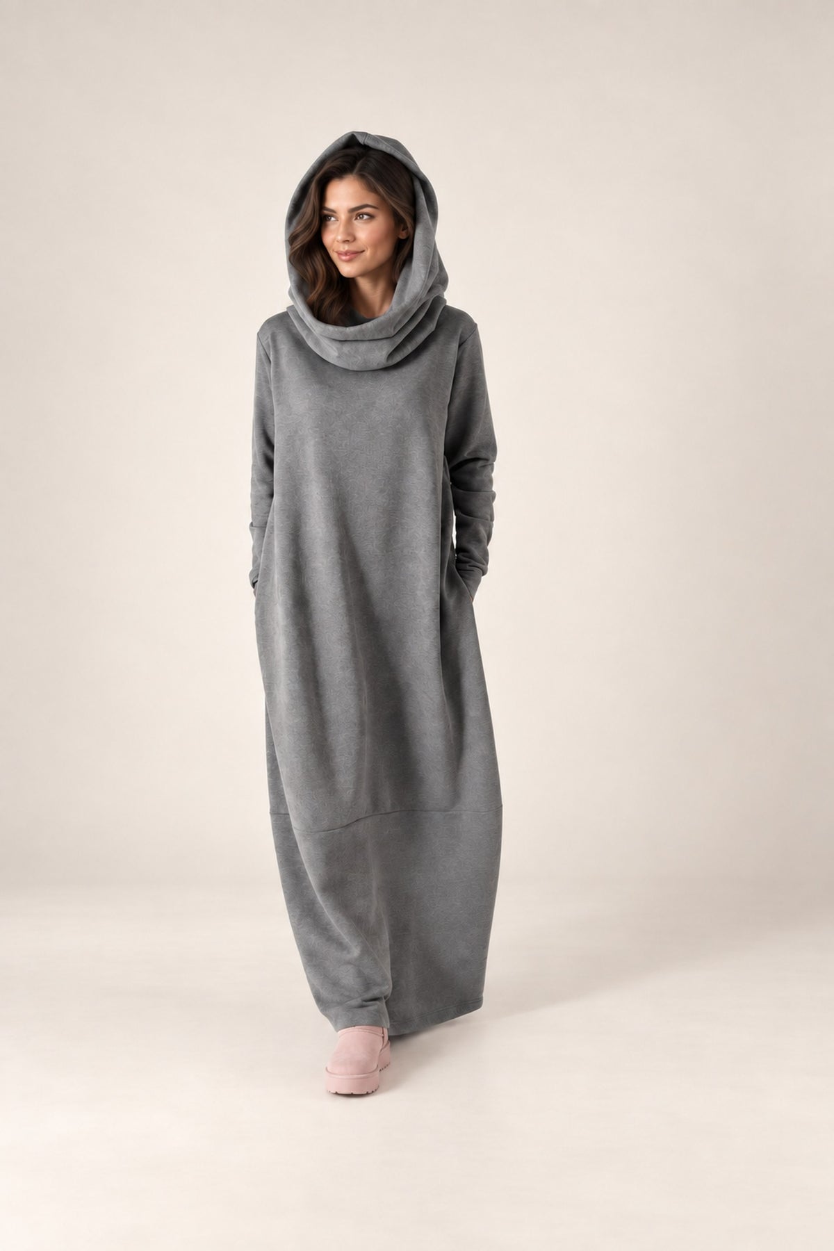 Light Grey ALISA hooded fleece maxi dress front walking view