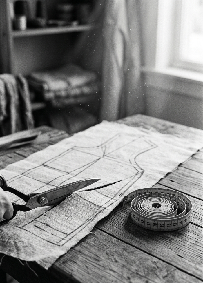 An atelier work-table close-up with scissors mid-cut on a linen pattern piece, chalk marks visible, a tape measure coiled aside