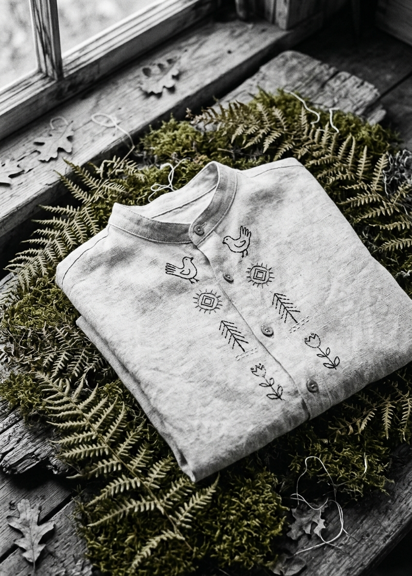A linen shirt with folk-embroidery motifs laid flat on a bed of dried ferns and moss in cottage window light