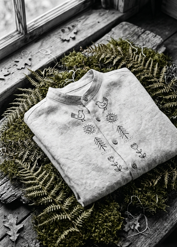A linen shirt with folk-embroidery motifs laid flat on a bed of dried ferns and moss in cottage window light