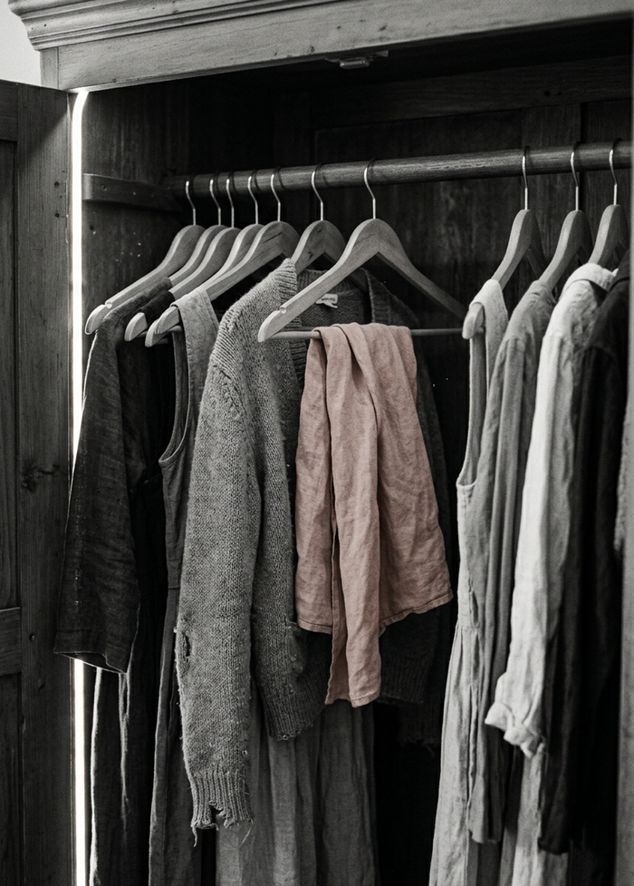 The inside of an open wardrobe with a row of hanging linen and cotton dresses and one dusty-rose scarf draped across a hanger