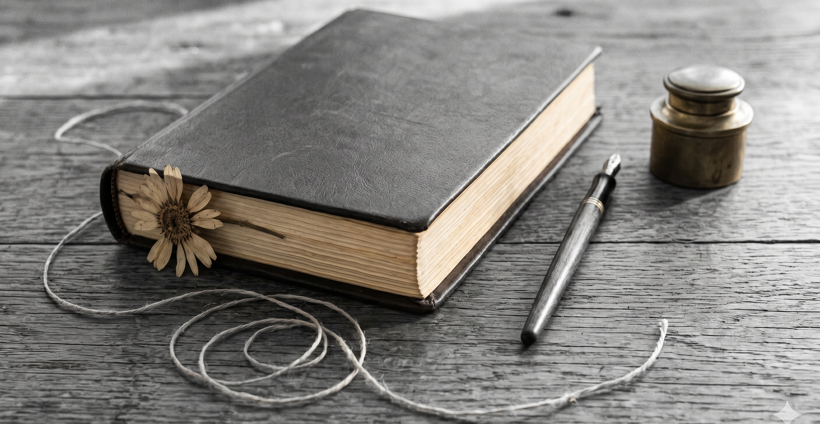 A closed leather-bound poetcore notebook with dried flower, linen thread and fountain pen on a wooden desk
