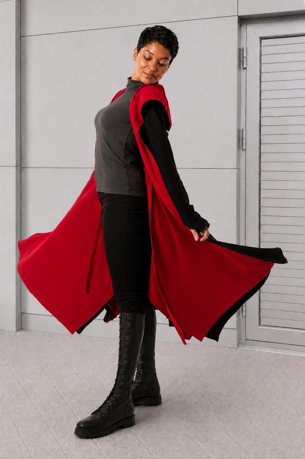 Knit Hooded Cloak BATHSHEBA — Black & Red, Gothic Cape Coat