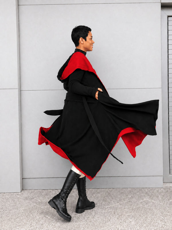 Knit Hooded Cloak BATHSHEBA — Black & Red, Gothic Cape Coat