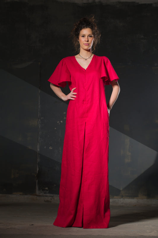 Red Linen Jumpsuit — Butterfly Sleeves, Palazzo Legs
