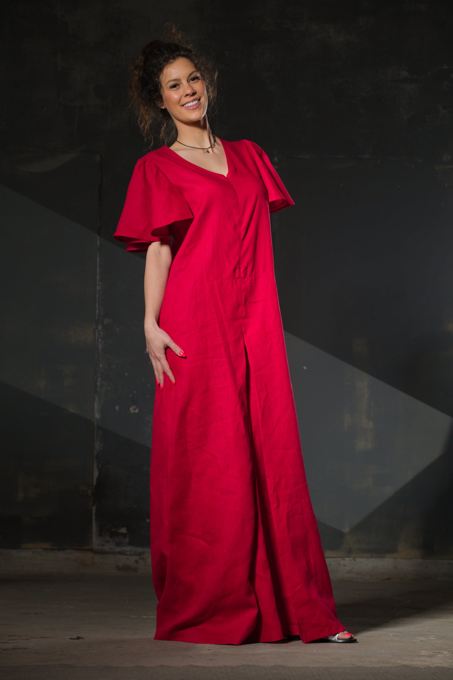 Red Linen Jumpsuit — Butterfly Sleeves, Palazzo Legs