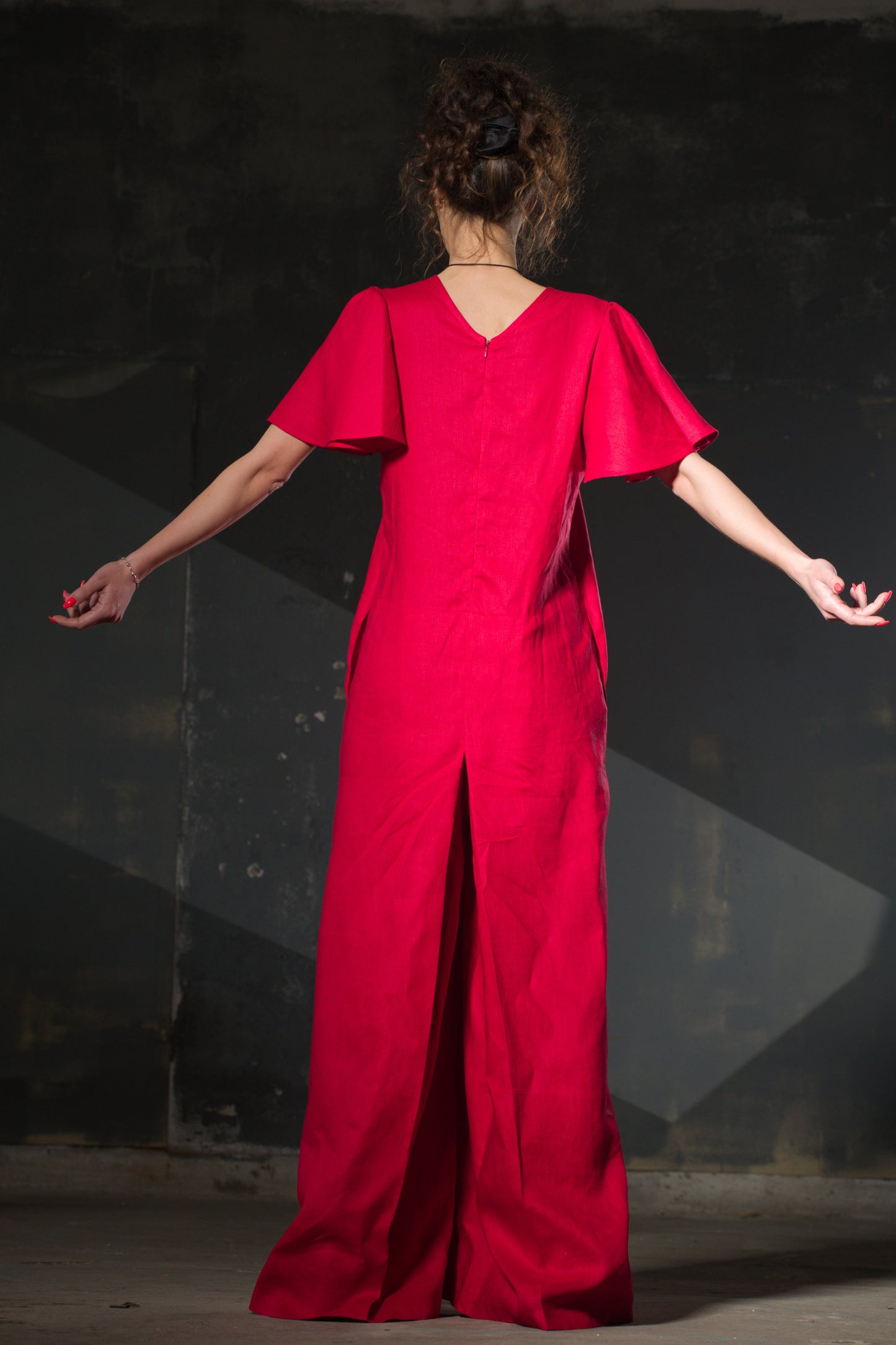 Red Linen Jumpsuit — Butterfly Sleeves, Palazzo Legs