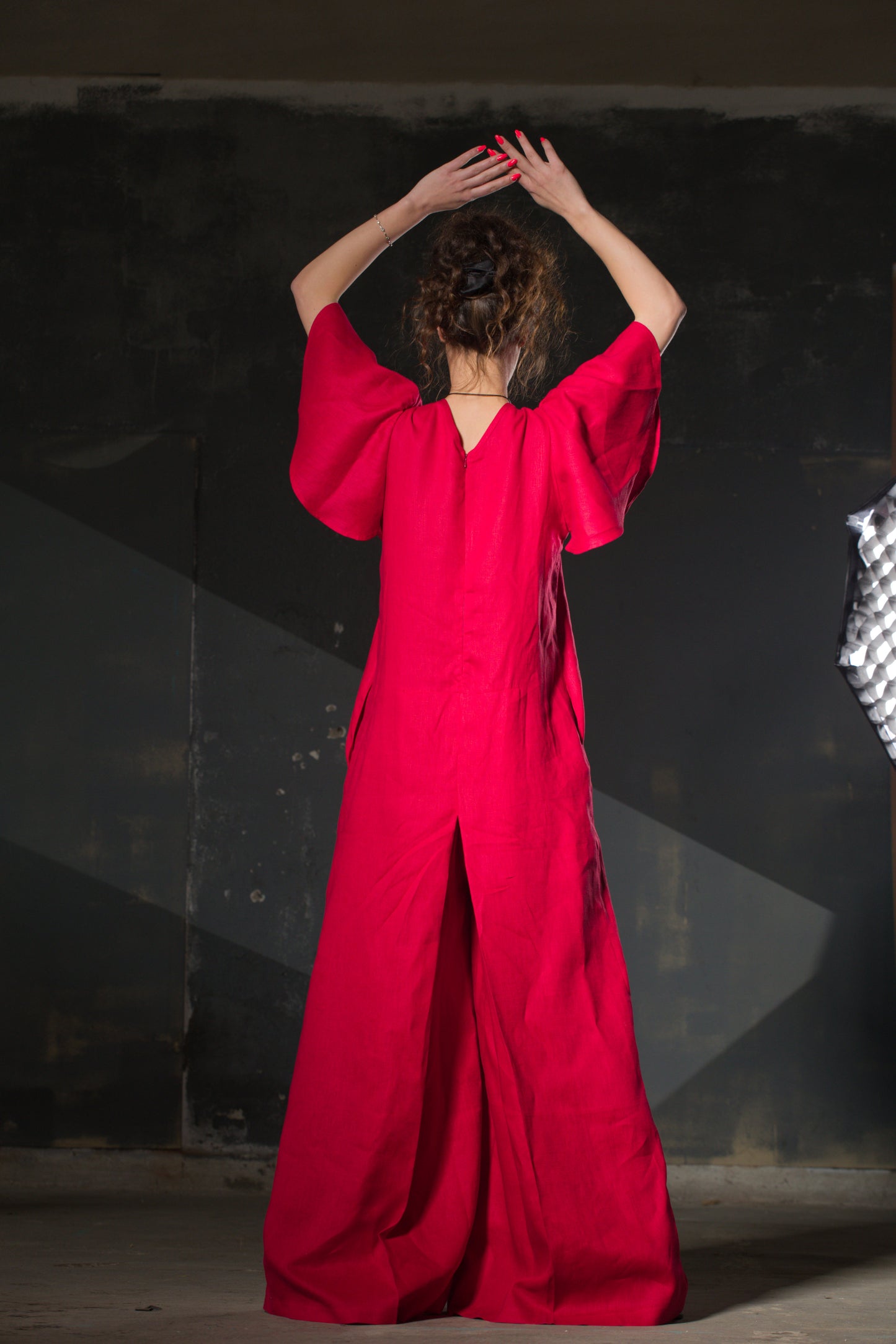 Red Linen Jumpsuit — Butterfly Sleeves, Palazzo Legs