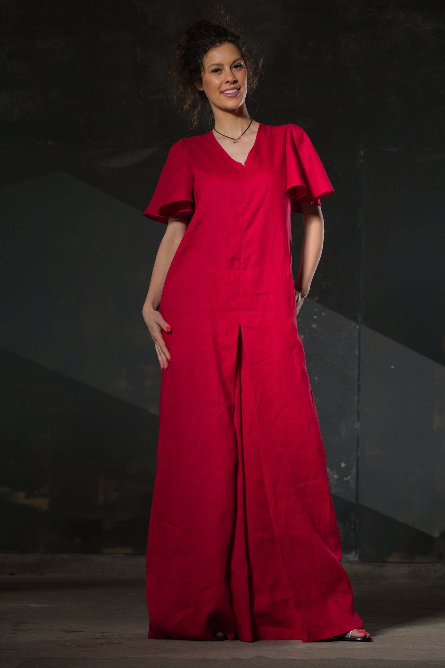 Red Linen Jumpsuit — Butterfly Sleeves, Palazzo Legs