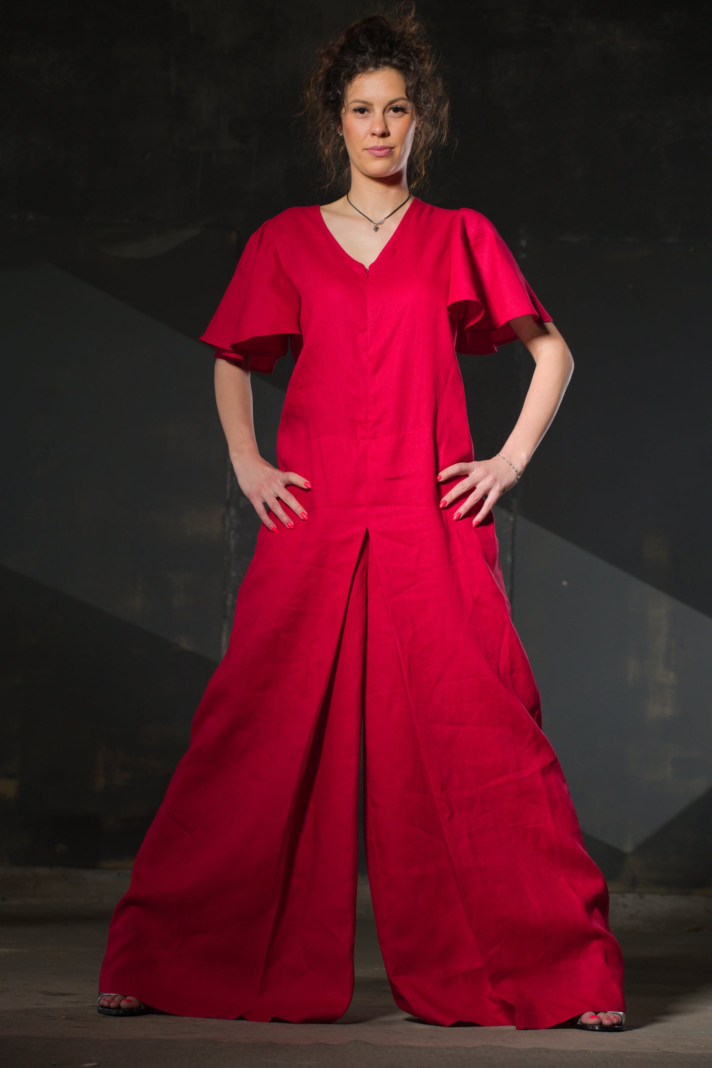 Red Linen Jumpsuit — Butterfly Sleeves, Palazzo Legs