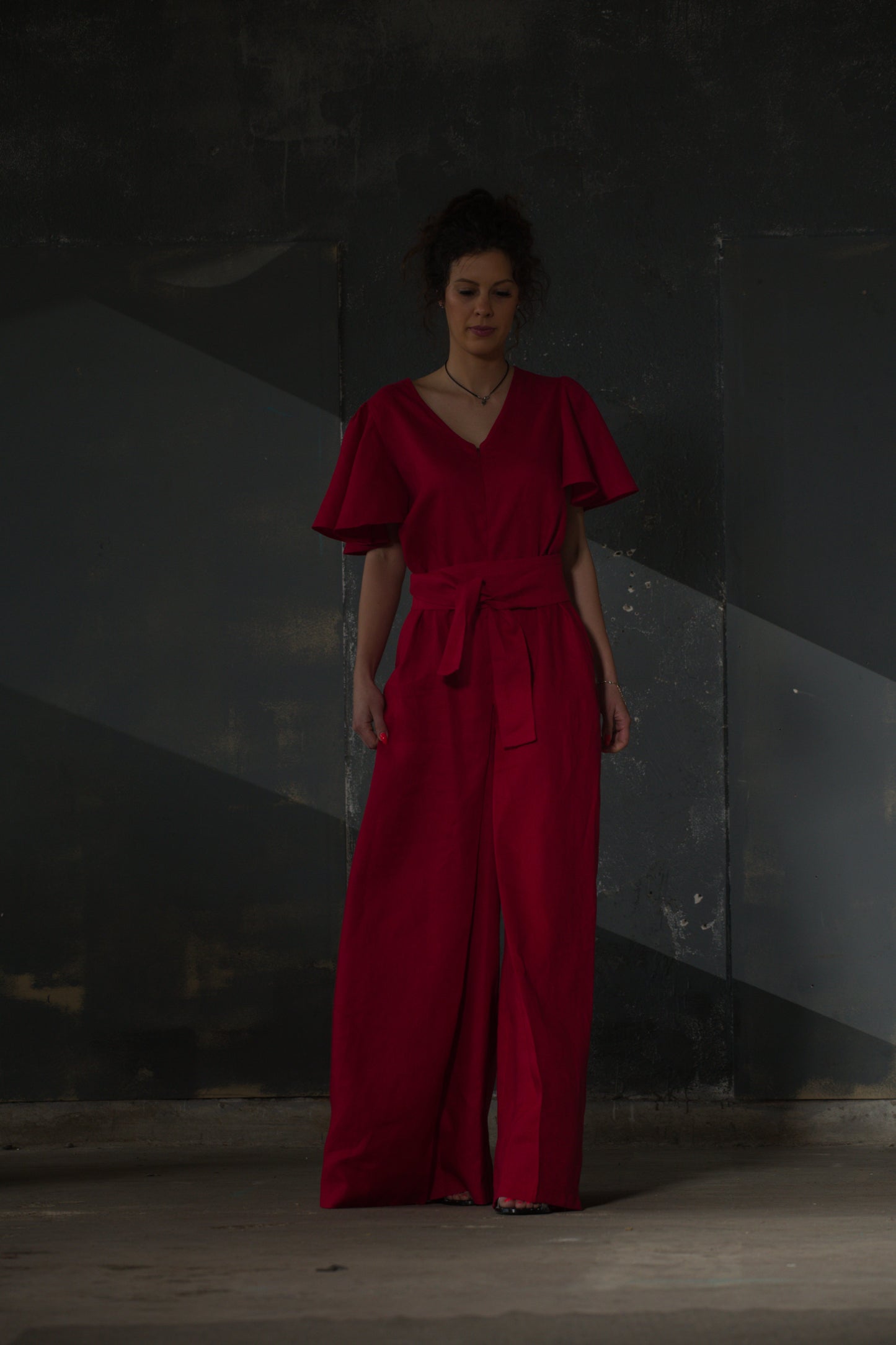 Red Linen Jumpsuit — Butterfly Sleeves, Palazzo Legs