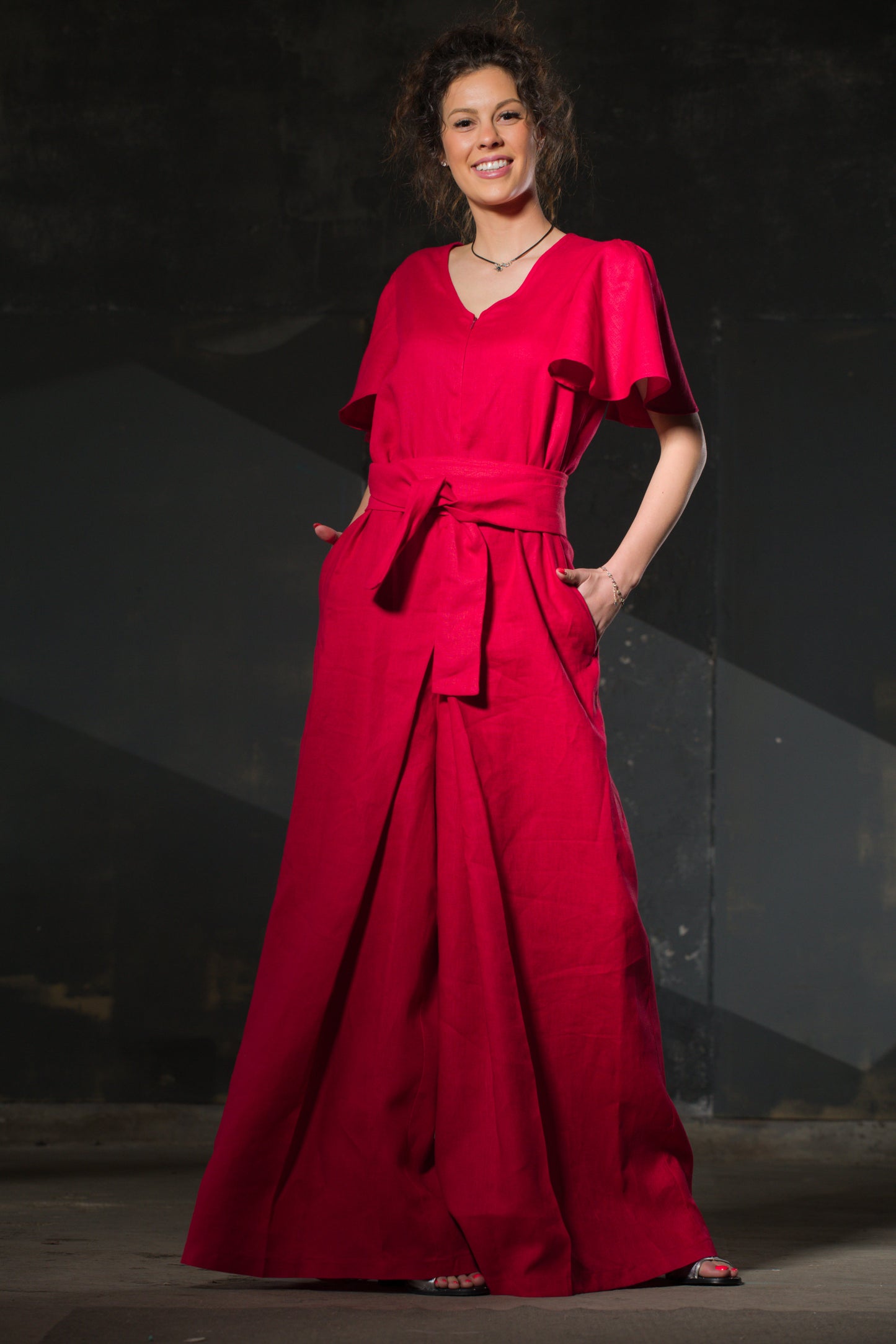 Red Linen Jumpsuit — Butterfly Sleeves, Palazzo Legs