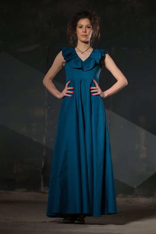 Teal Maxi Dress — Ruffle V-Neck, Full Skirt
