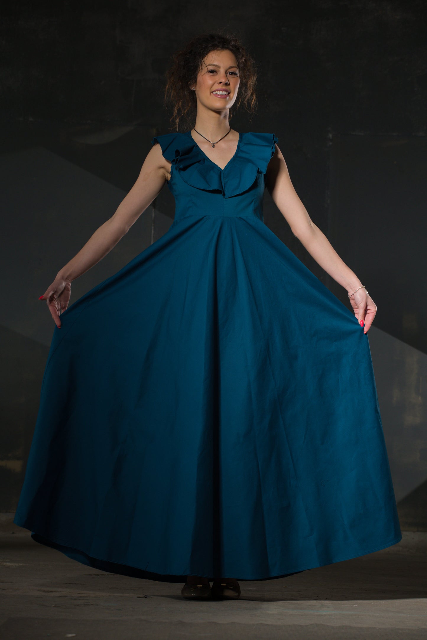 Teal Maxi Dress — Ruffle V-Neck, Full Skirt