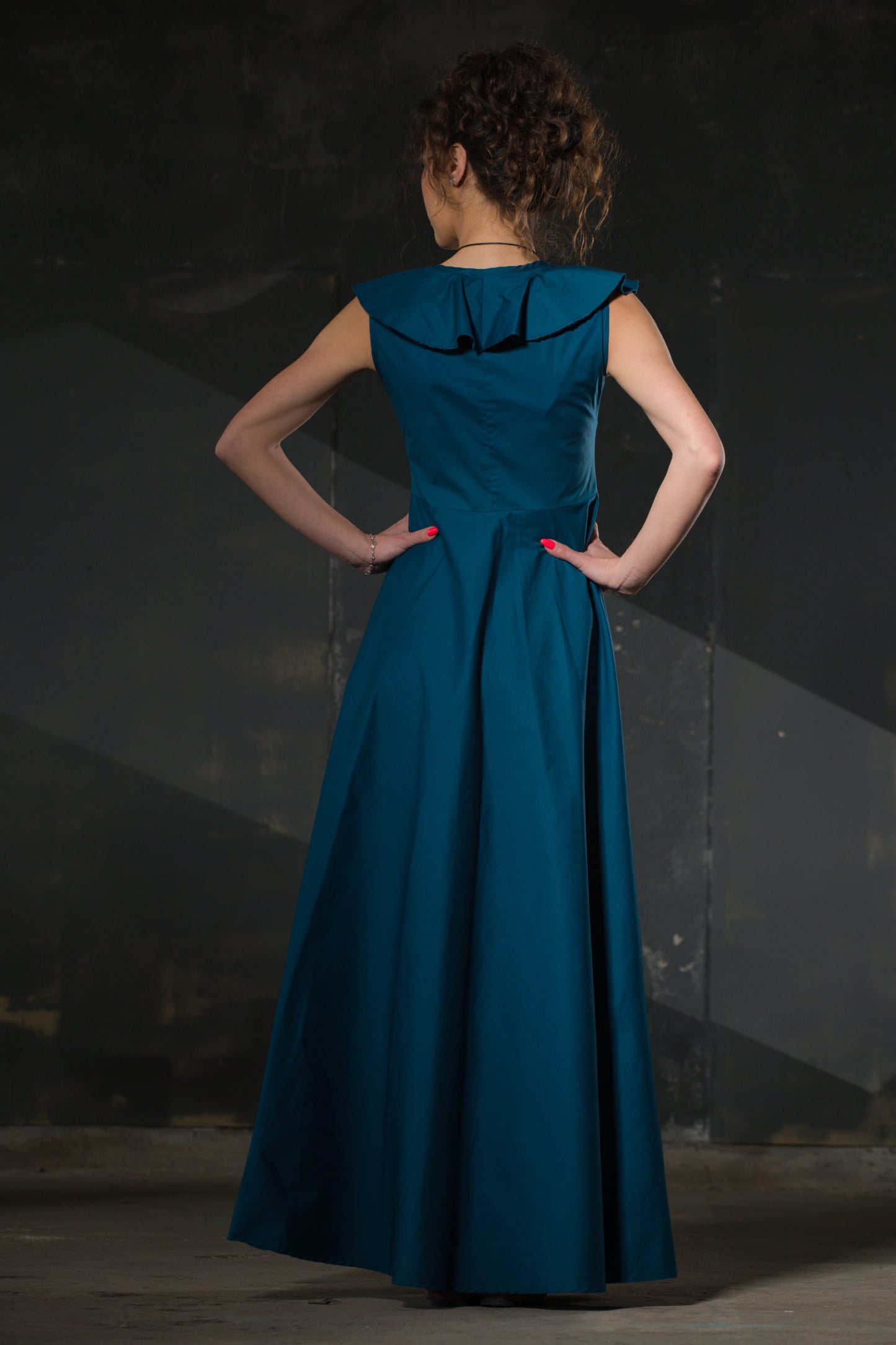 Teal Maxi Dress — Ruffle V-Neck, Full Skirt