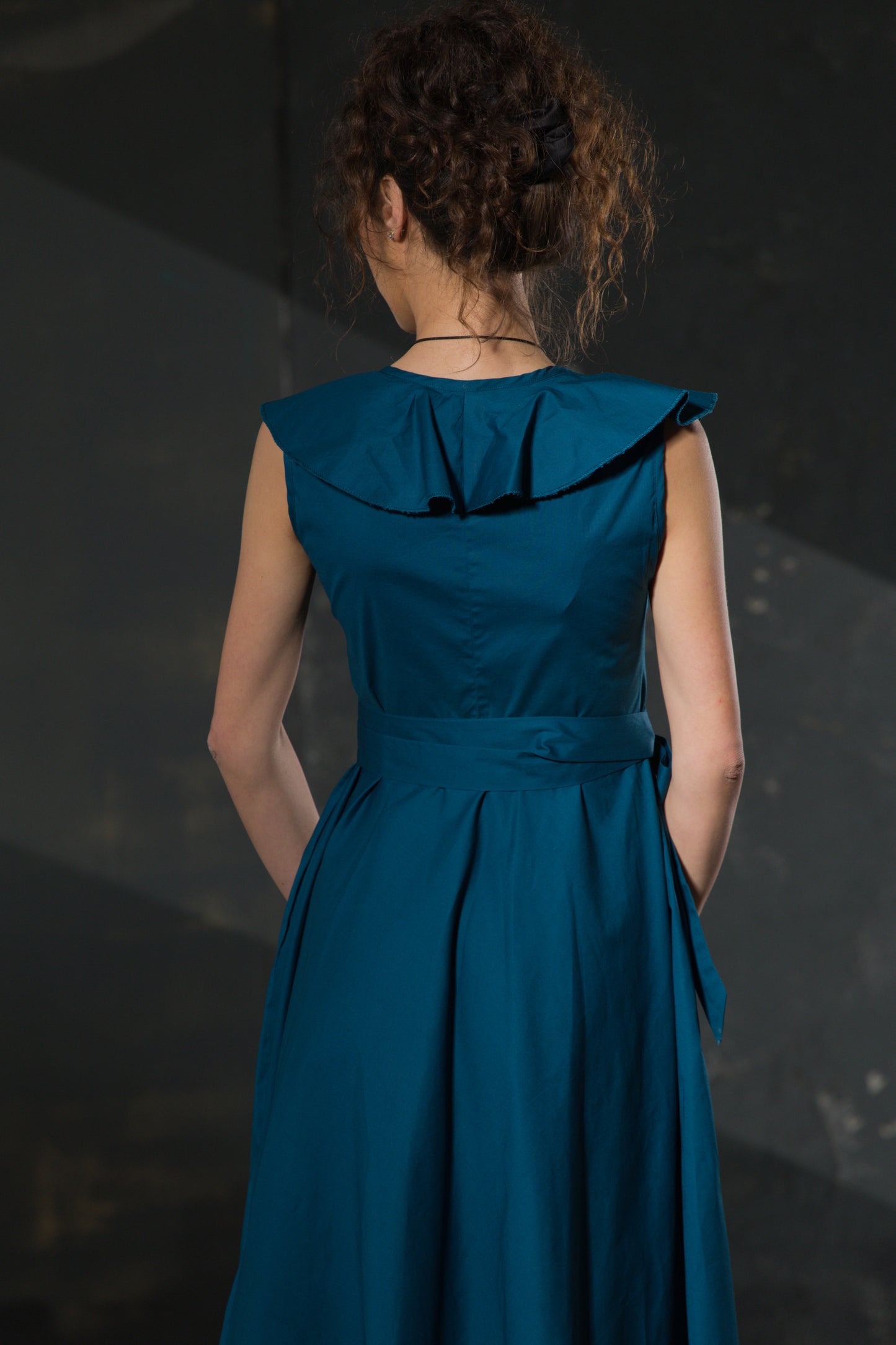 Teal Maxi Dress — Ruffle V-Neck, Full Skirt