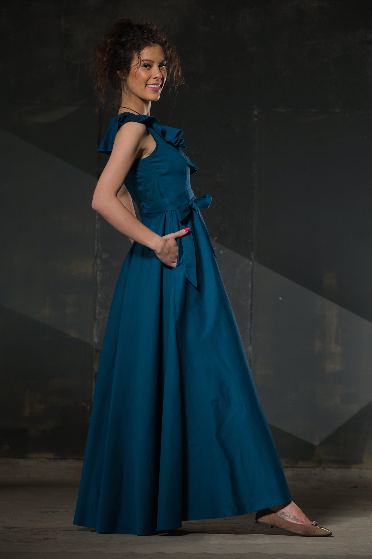 Teal Maxi Dress — Ruffle V-Neck, Full Skirt