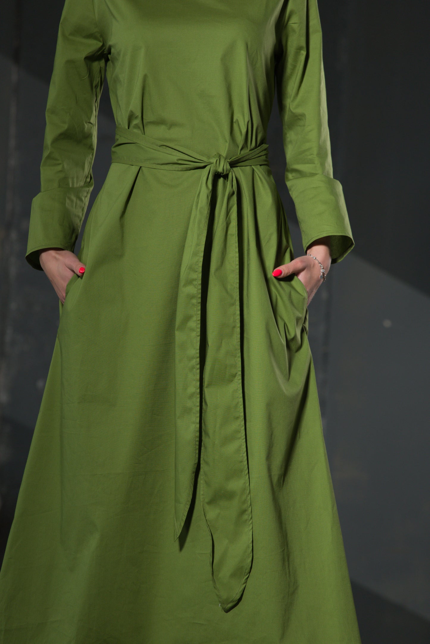 Olive Green Maxi Dress — Long Sleeve, Belted Waist