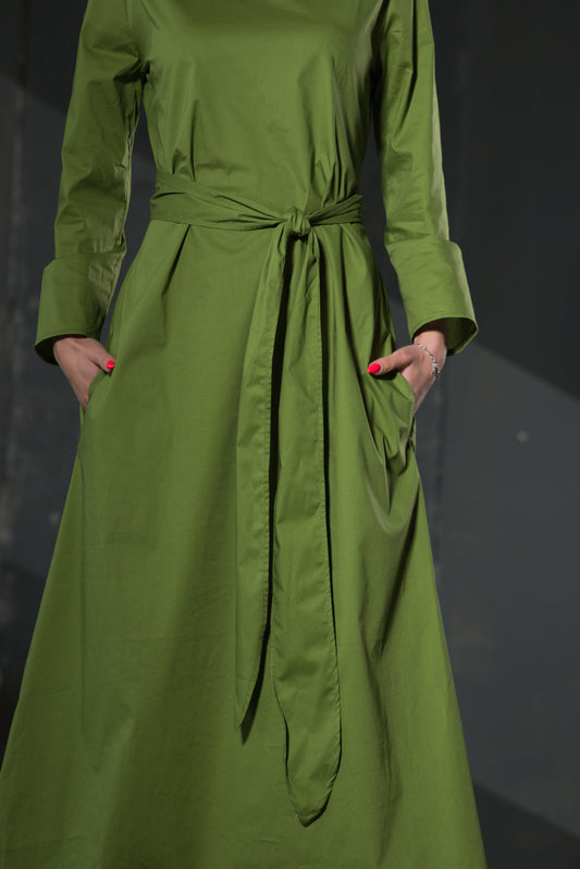 Olive Green Maxi Dress — Long Sleeve, Belted Waist