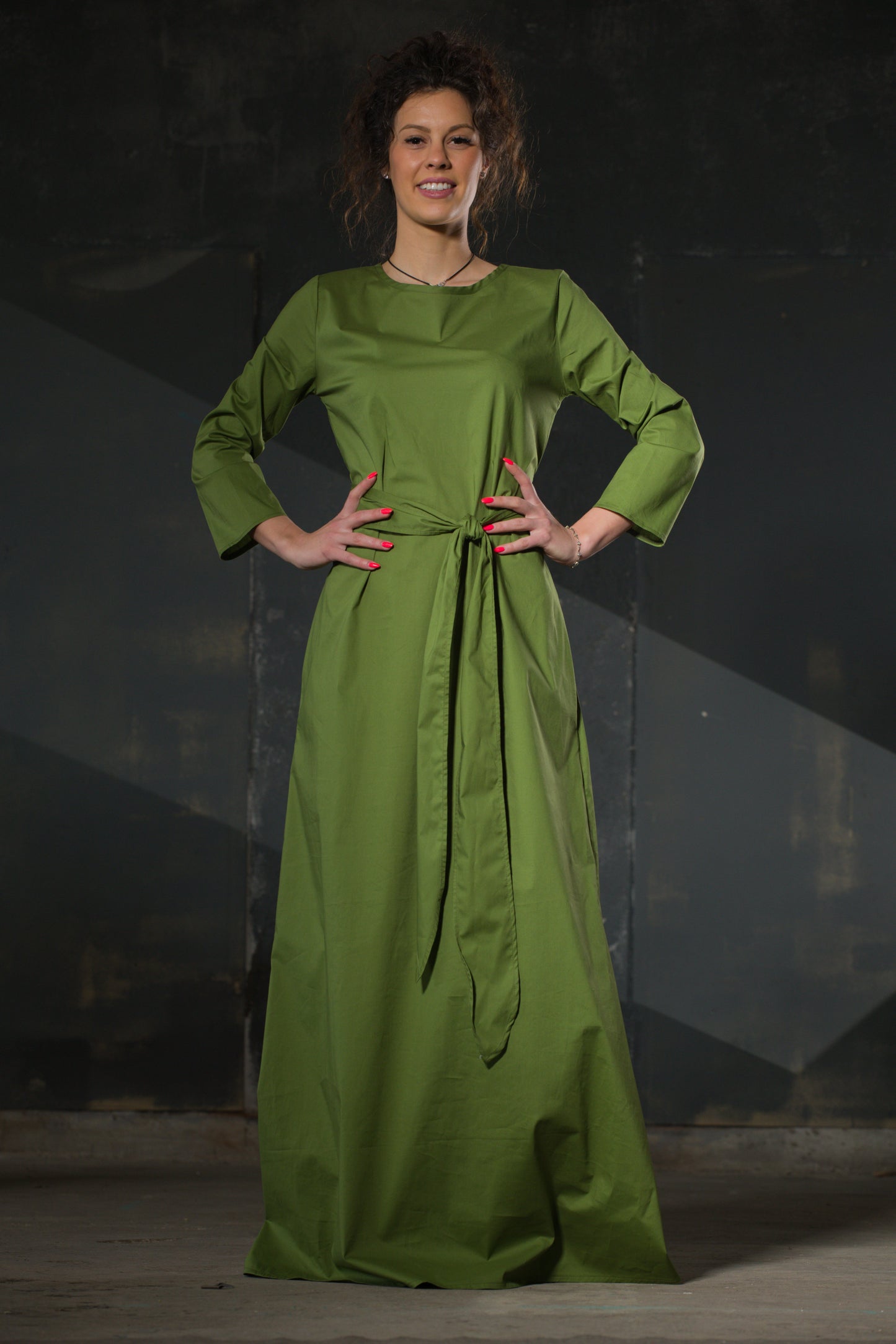 Olive Green Maxi Dress — Long Sleeve, Belted Waist