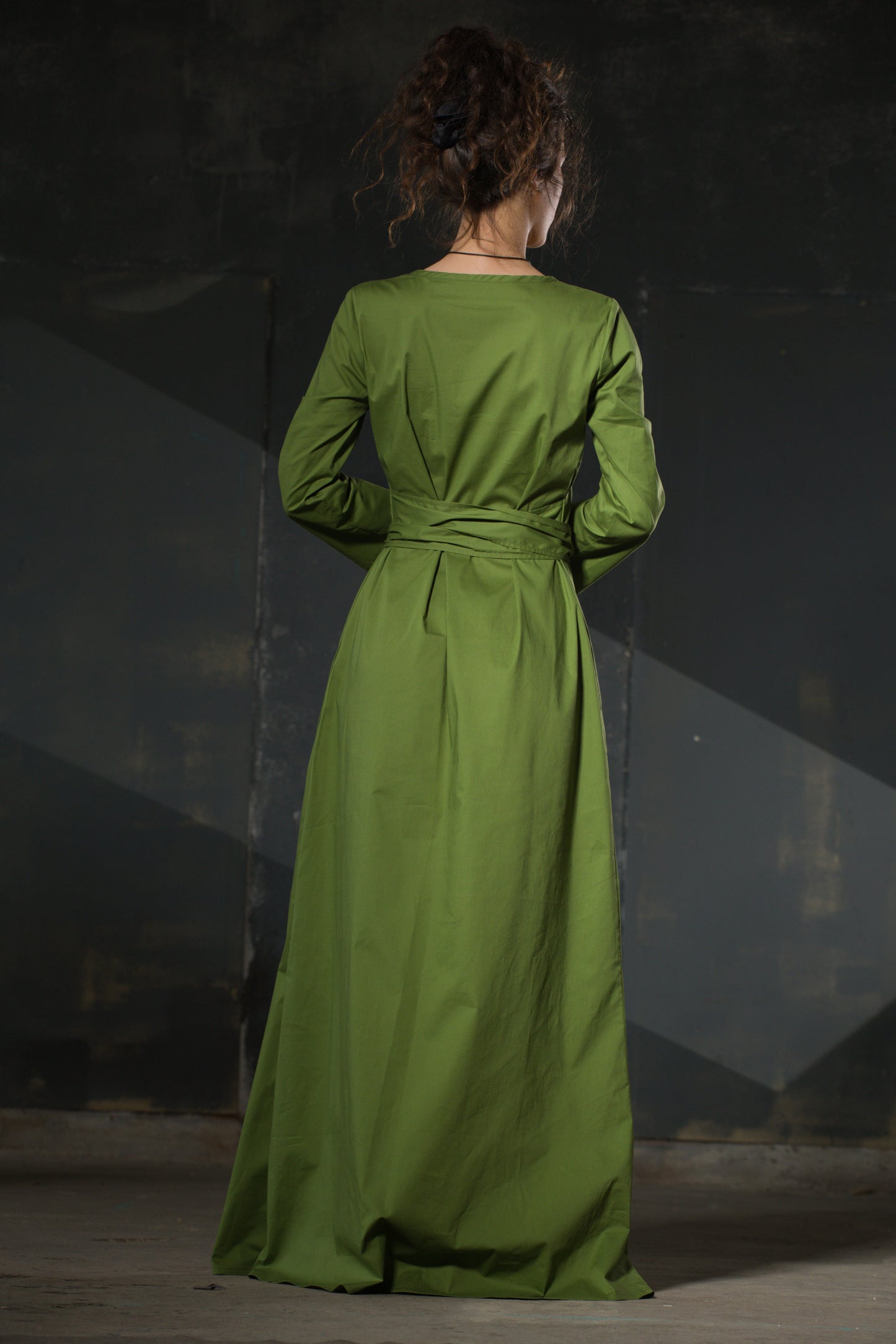 Olive Green Maxi Dress — Long Sleeve, Belted Waist