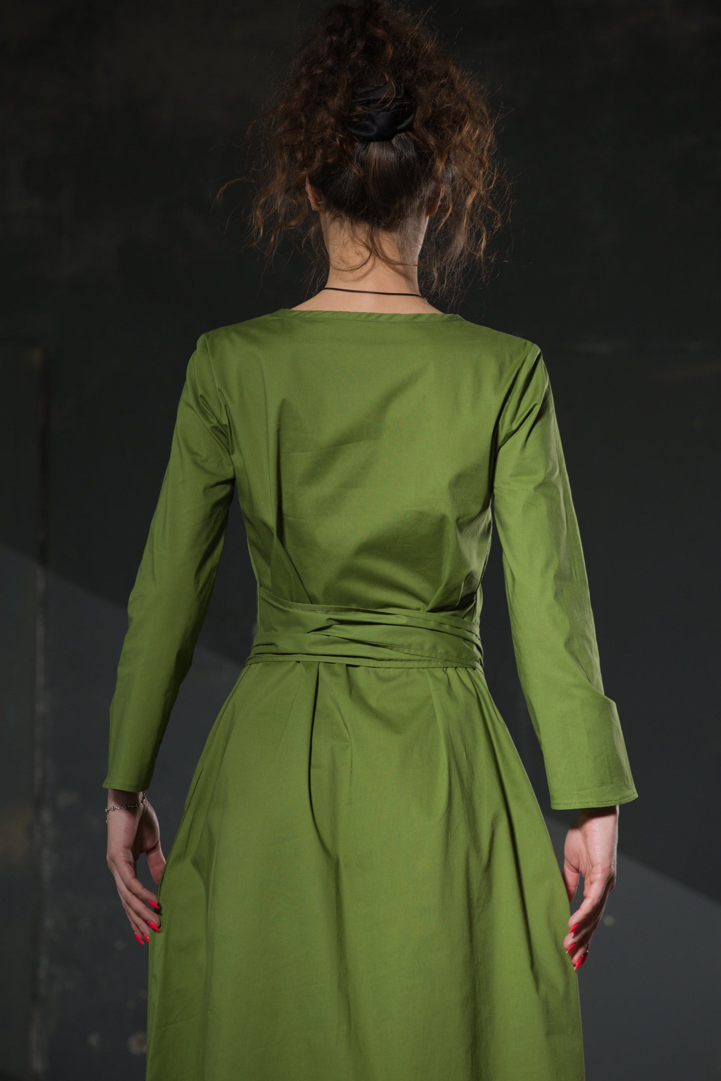 Olive Green Maxi Dress — Long Sleeve, Belted Waist