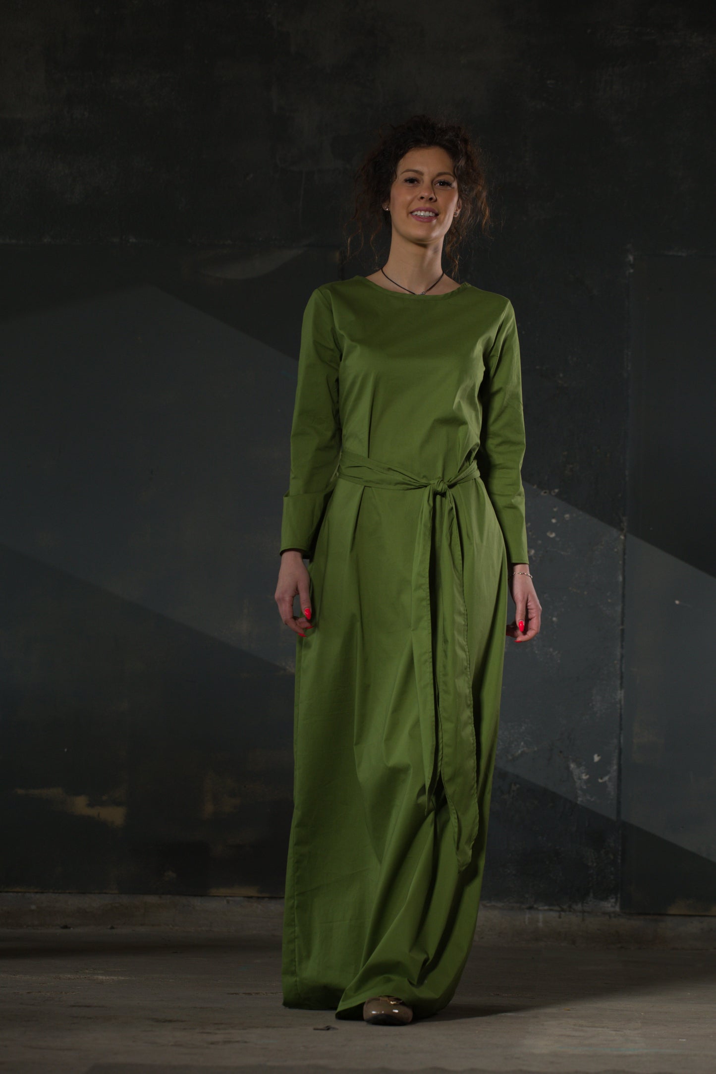 Olive Green Maxi Dress — Long Sleeve, Belted Waist