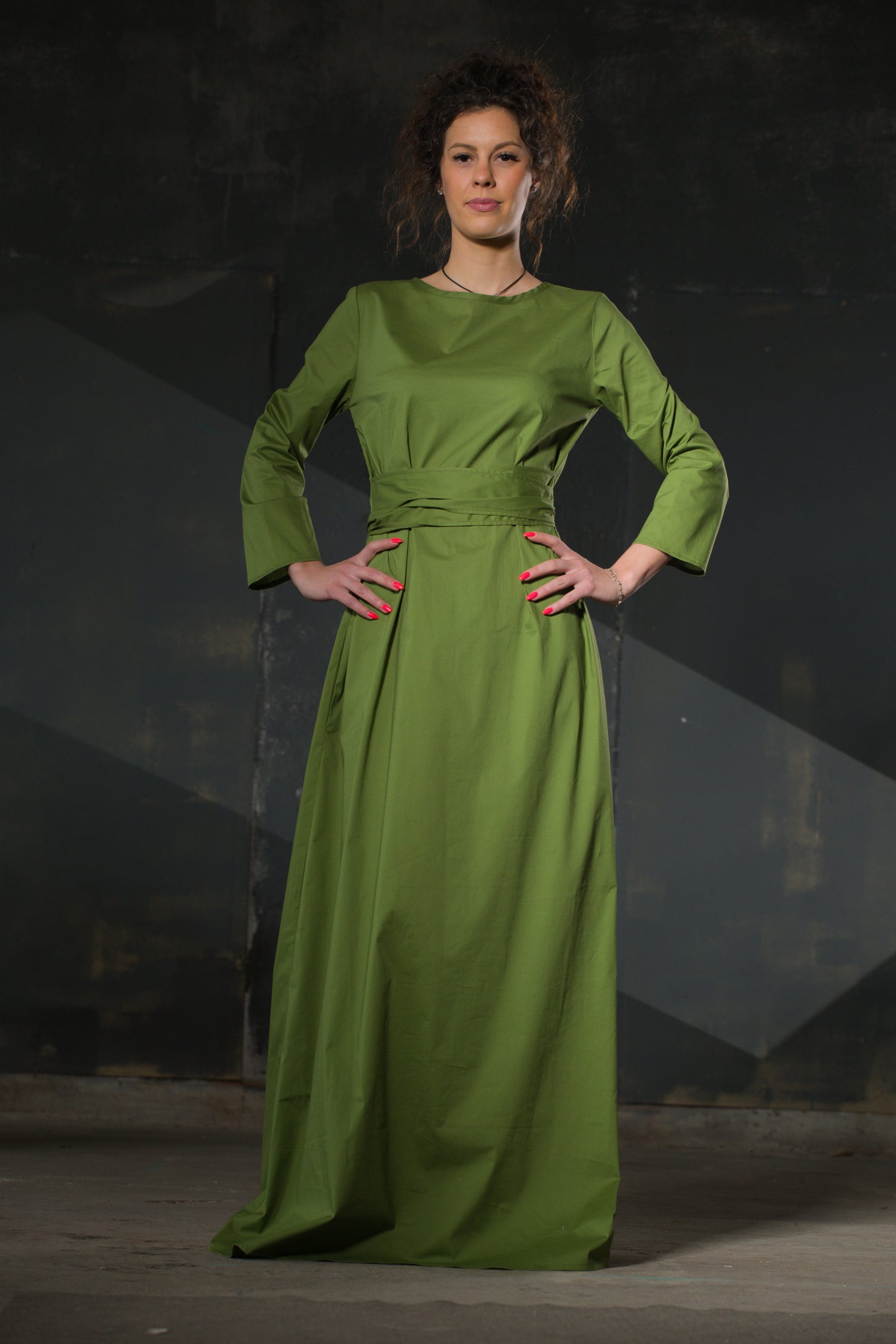 Olive Green Maxi Dress — Long Sleeve, Belted Waist