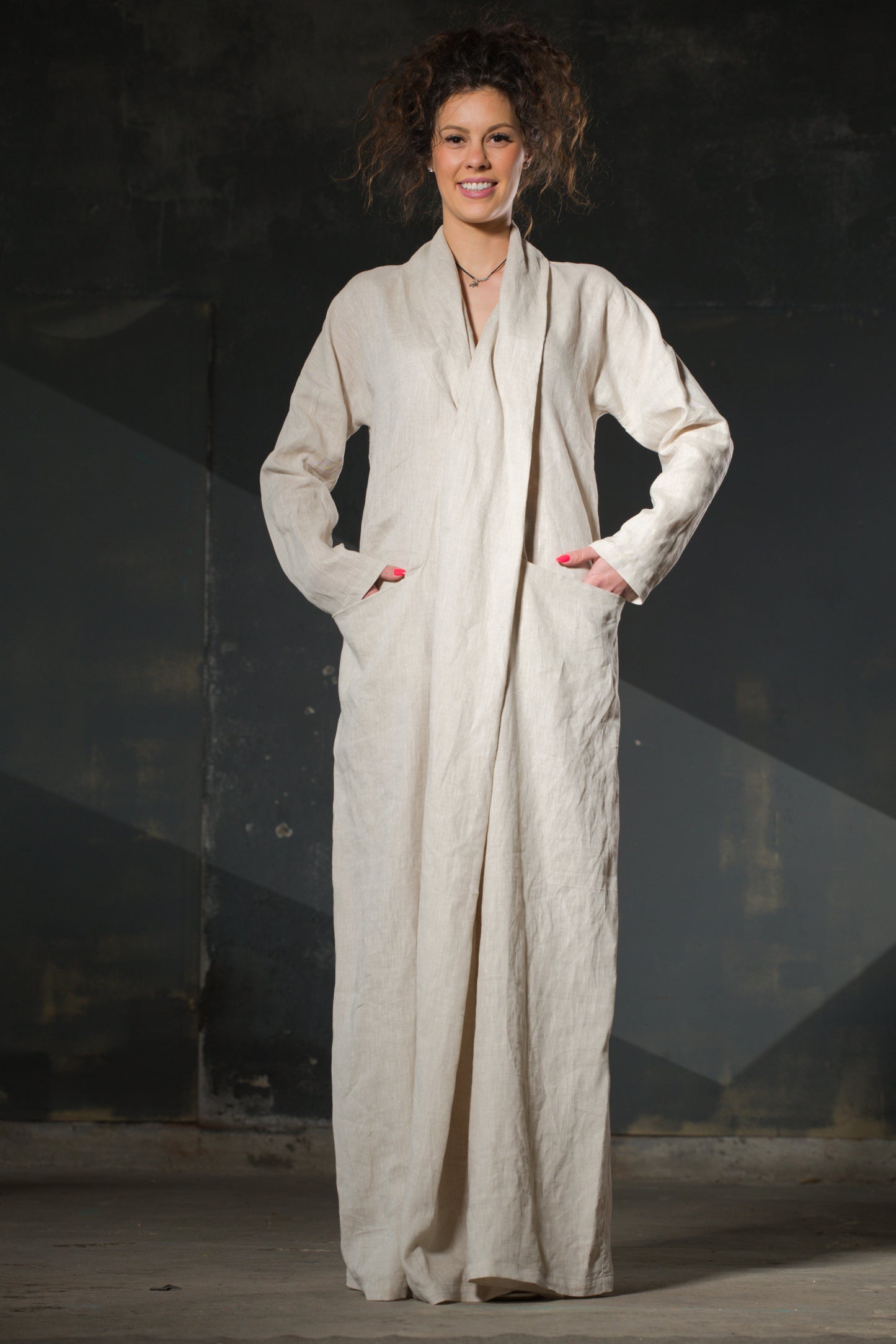 Natural Linen Open Dress — Shawl Collar, Dropped Shoulder