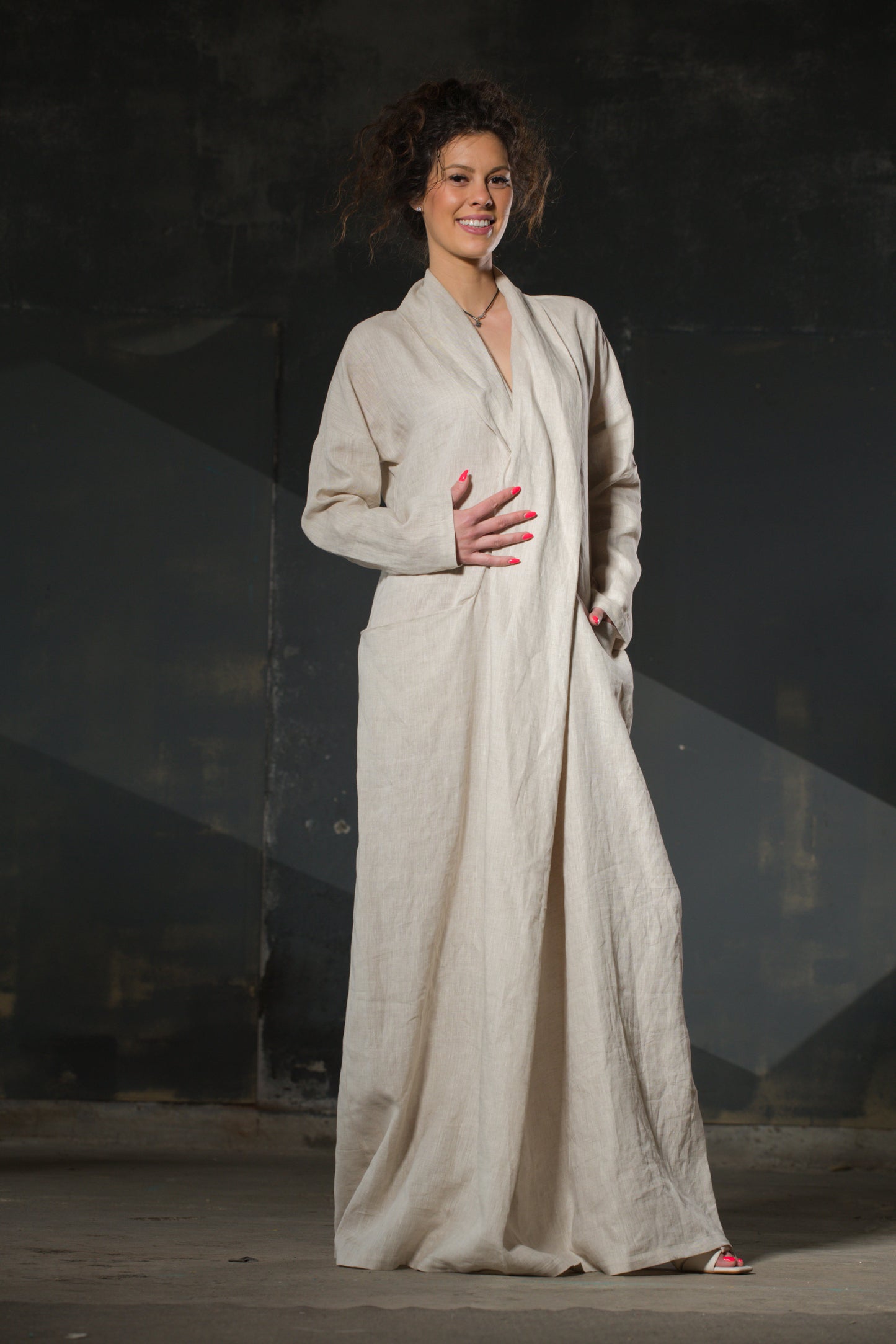Natural Linen Open Dress — Shawl Collar, Dropped Shoulder