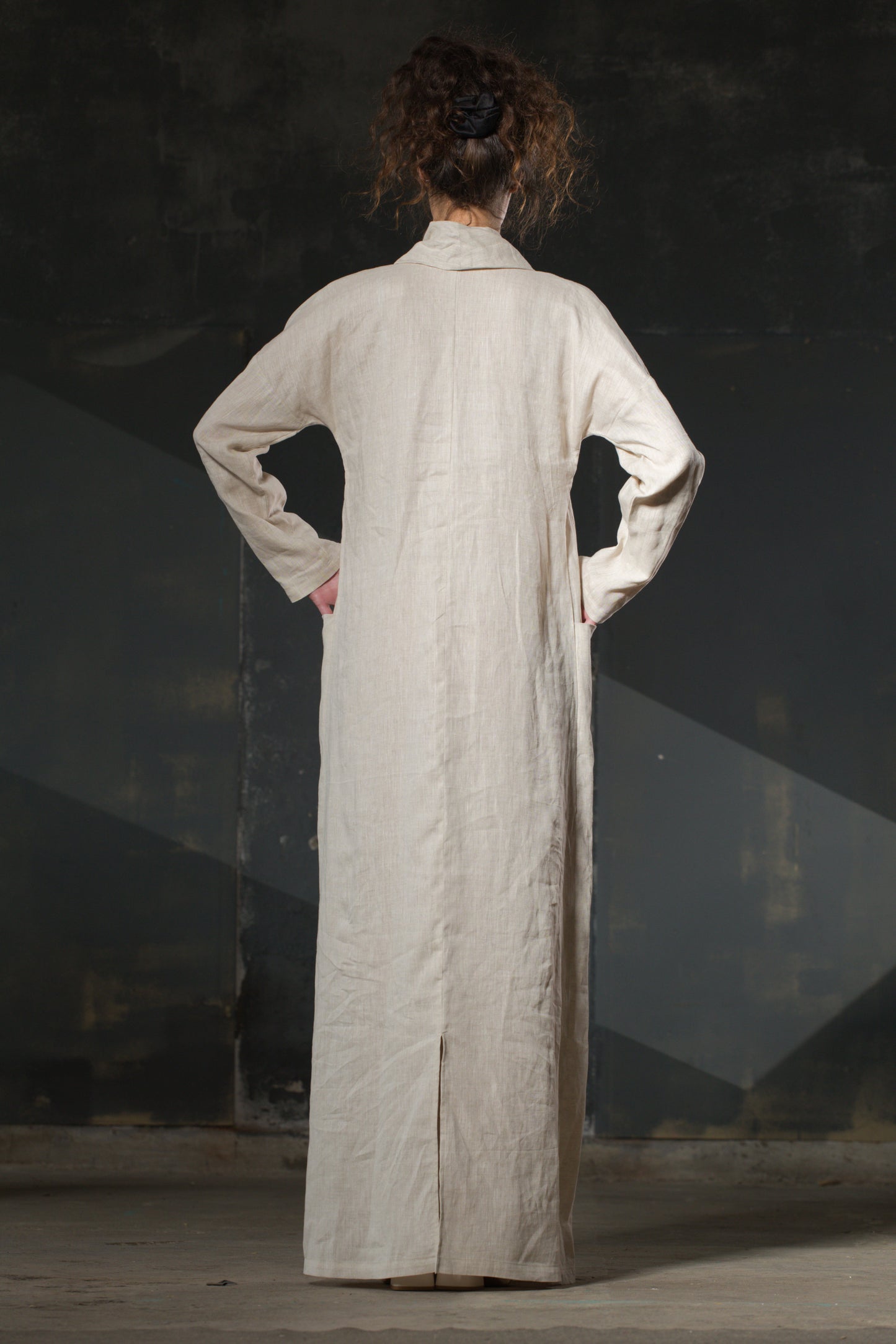 Natural Linen Open Dress — Shawl Collar, Dropped Shoulder