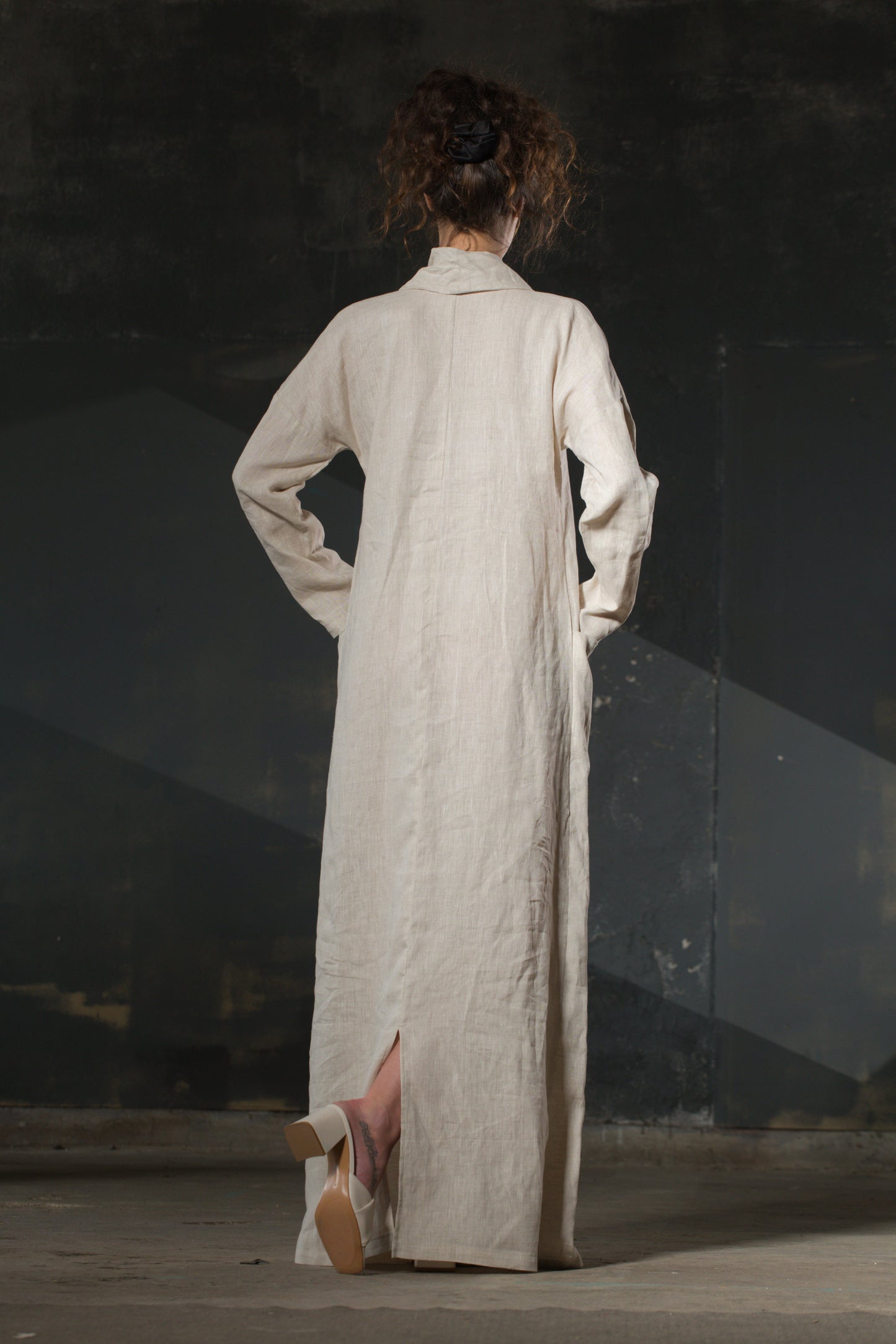 Natural Linen Open Dress — Shawl Collar, Dropped Shoulder