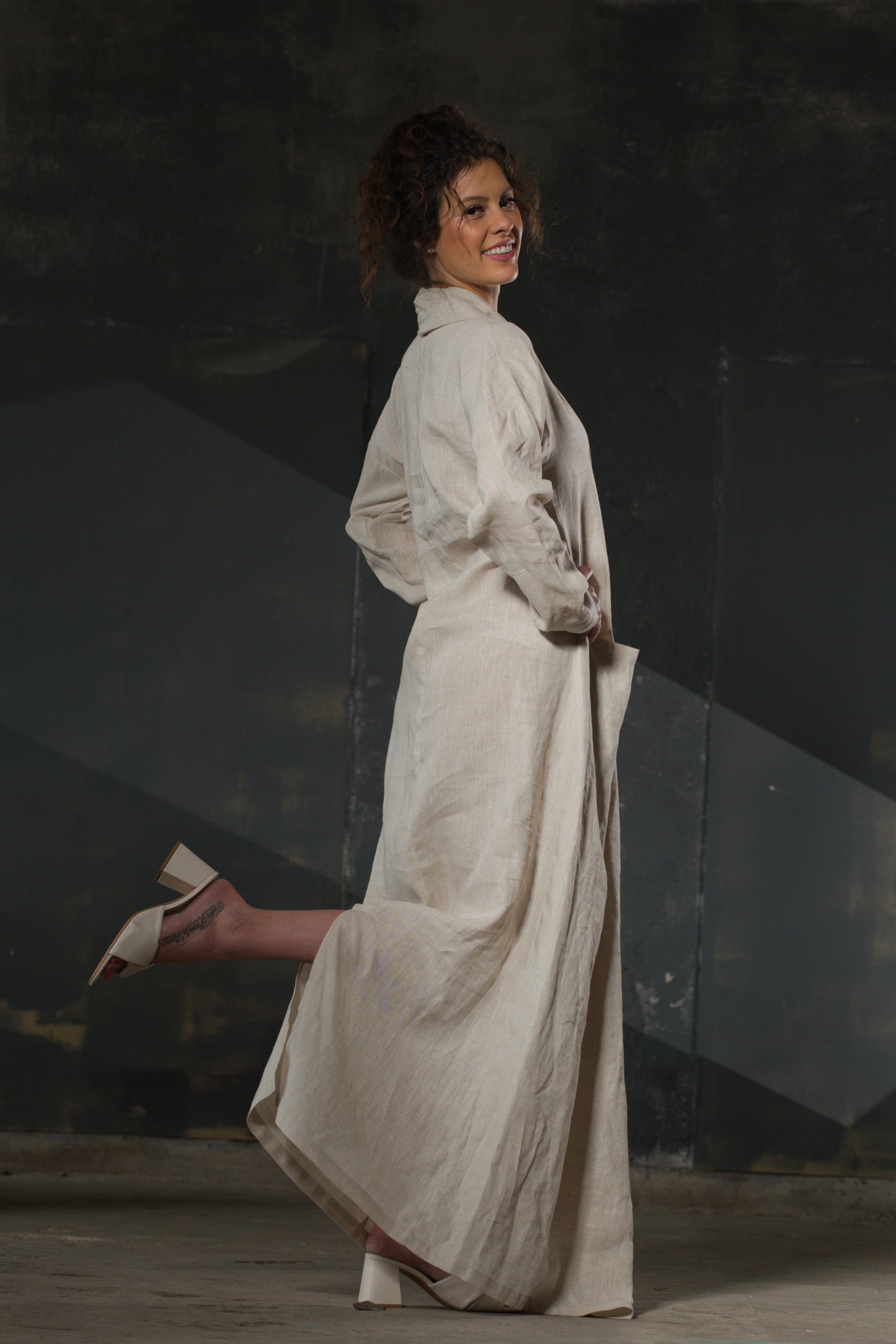 Natural Linen Open Dress — Shawl Collar, Dropped Shoulder