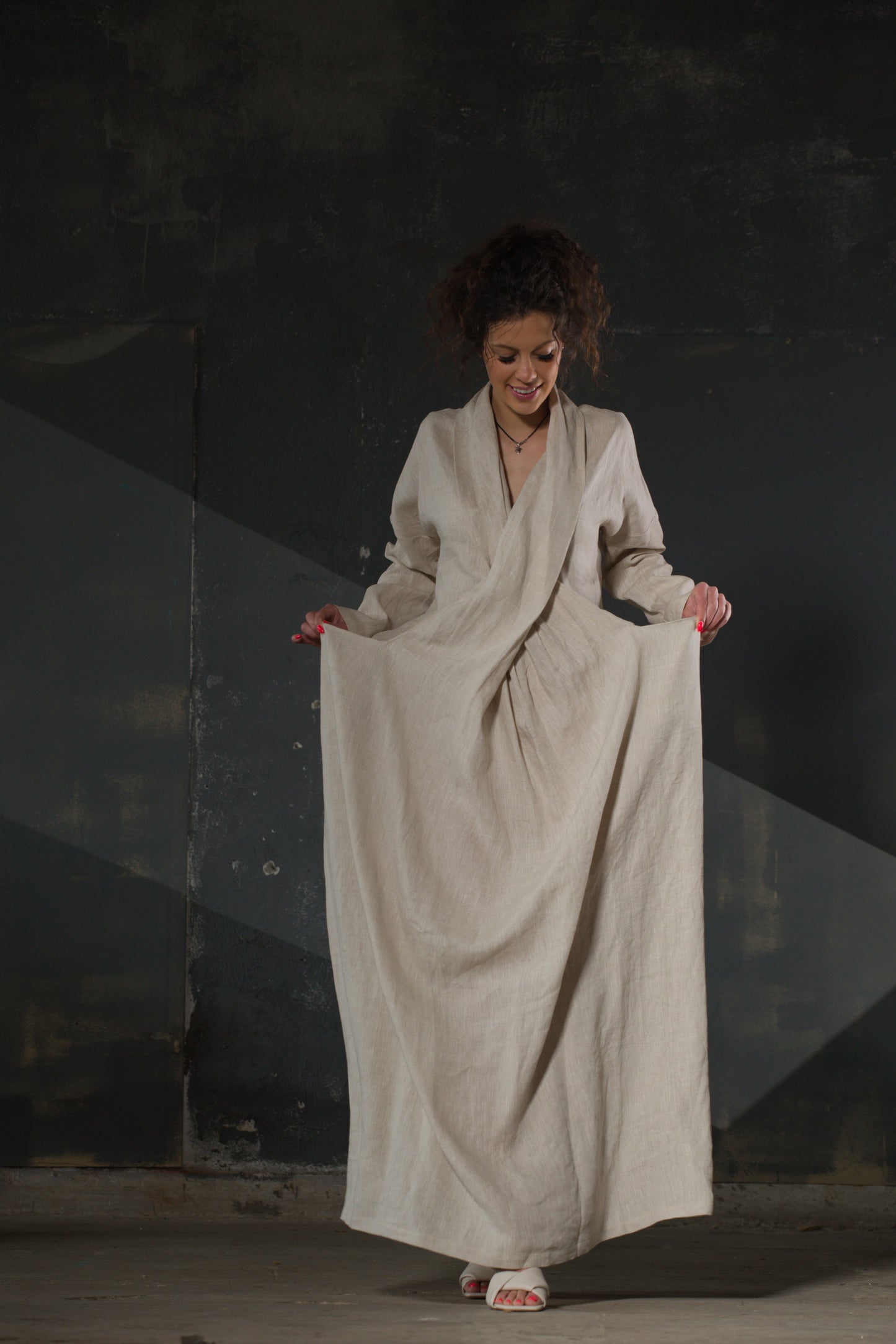 Natural Linen Open Dress — Shawl Collar, Dropped Shoulder