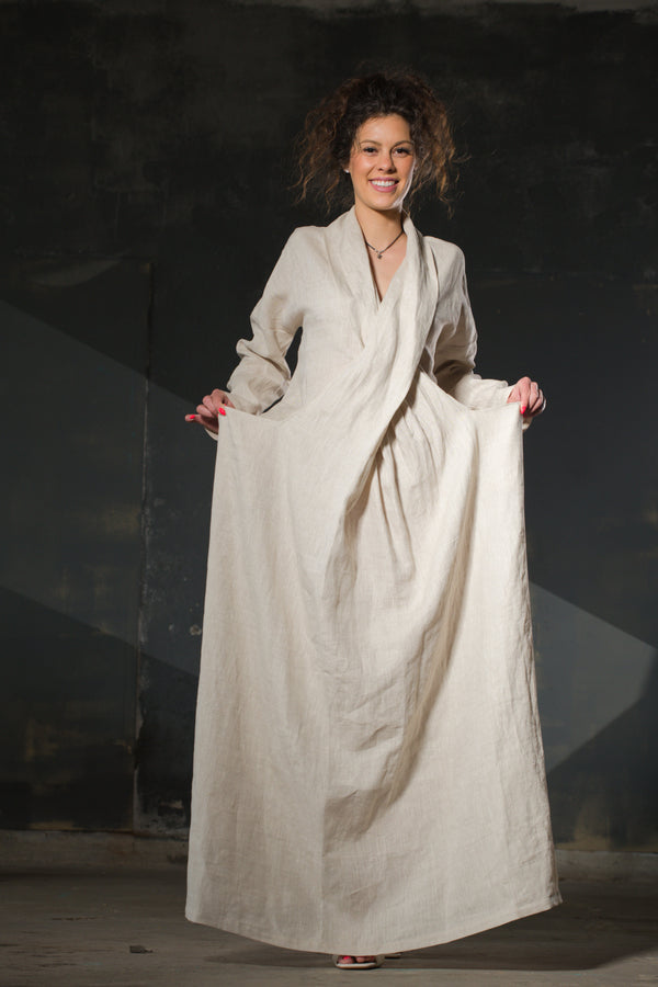 Linen Open Dress REBECCA — Natural, Shawl Collar Dropped Shoulder