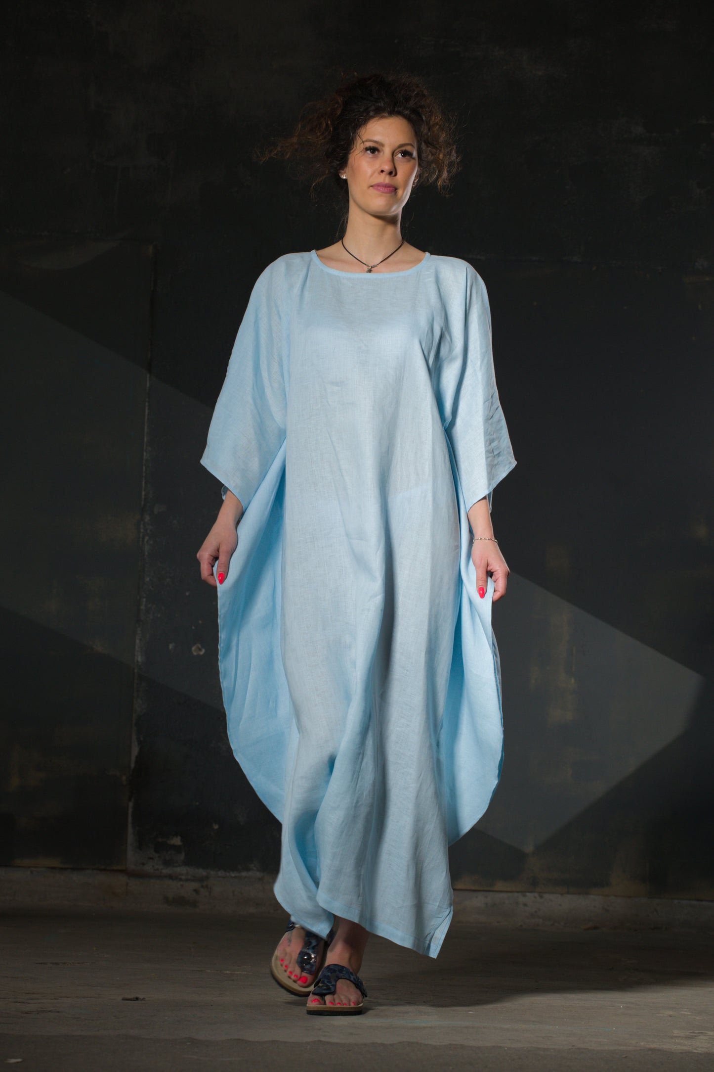 White Linen Maxi Dress — Mandarin Collar, Long Sleeve