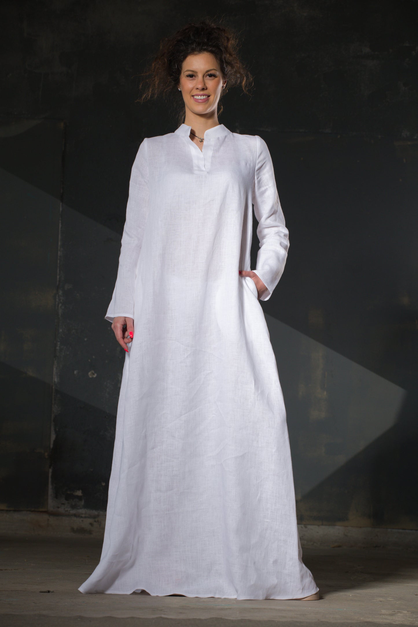 White Linen Maxi Dress — Mandarin Collar, Long Sleeve