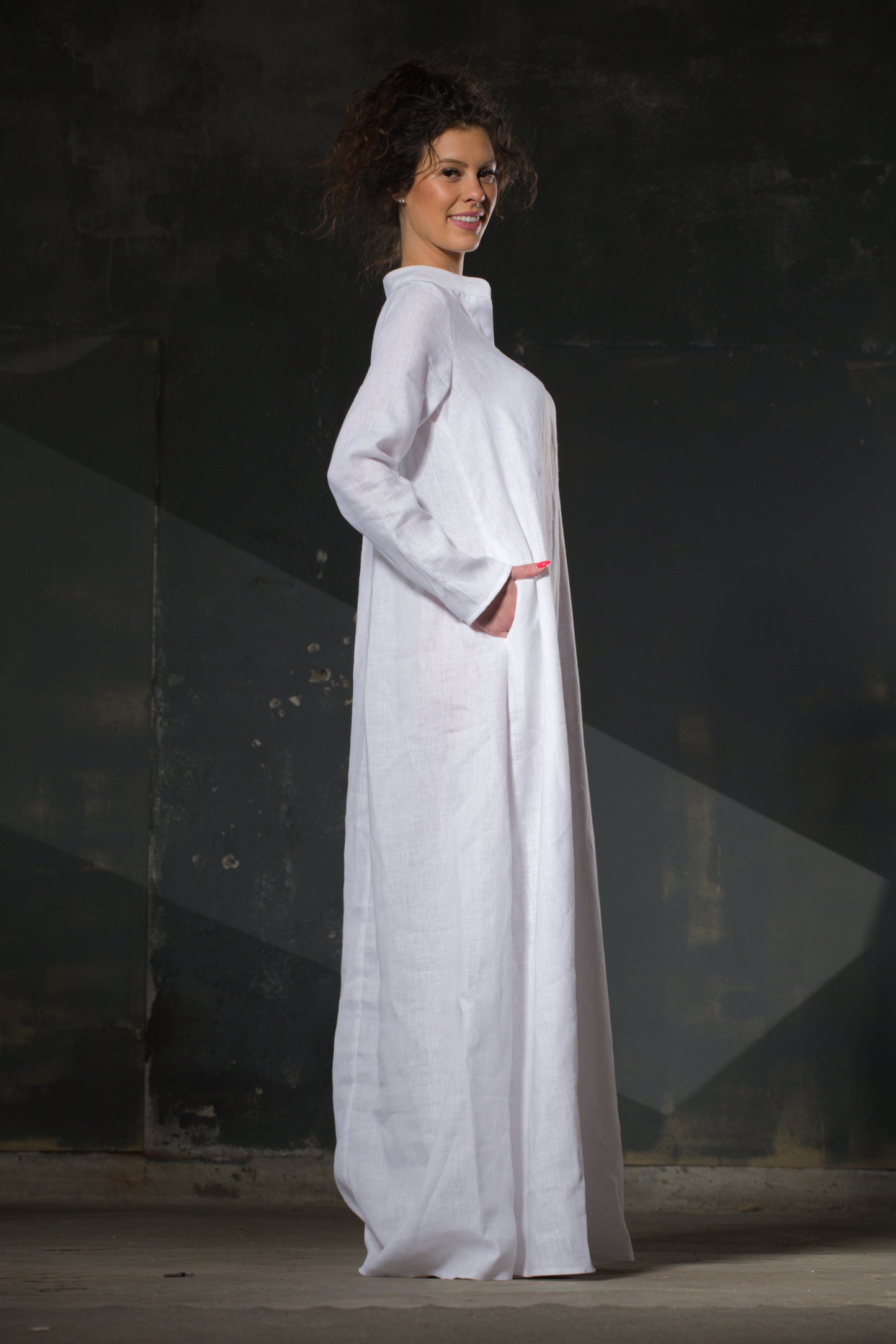 White Linen Maxi Dress — Mandarin Collar, Long Sleeve