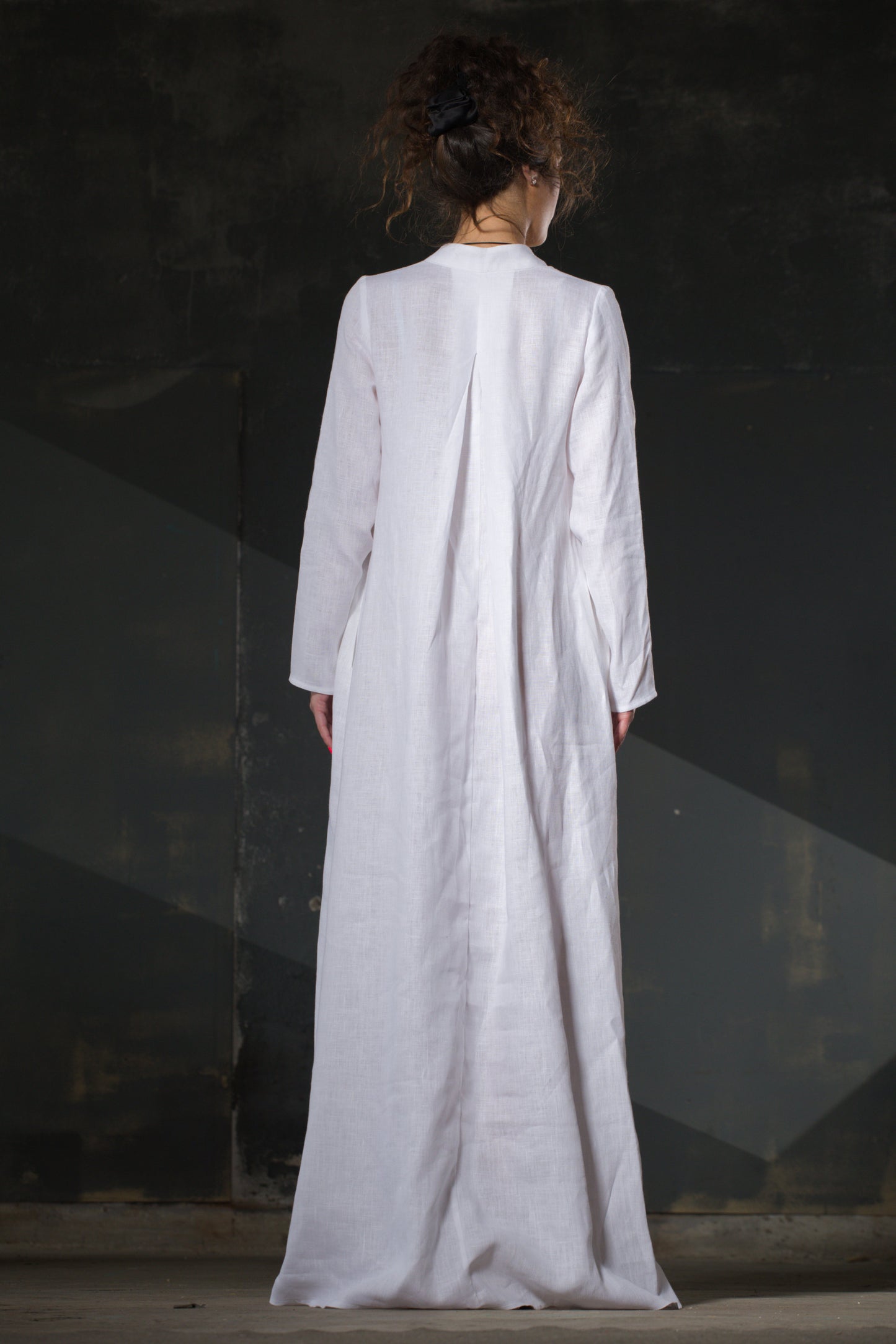 White Linen Maxi Dress — Mandarin Collar, Long Sleeve