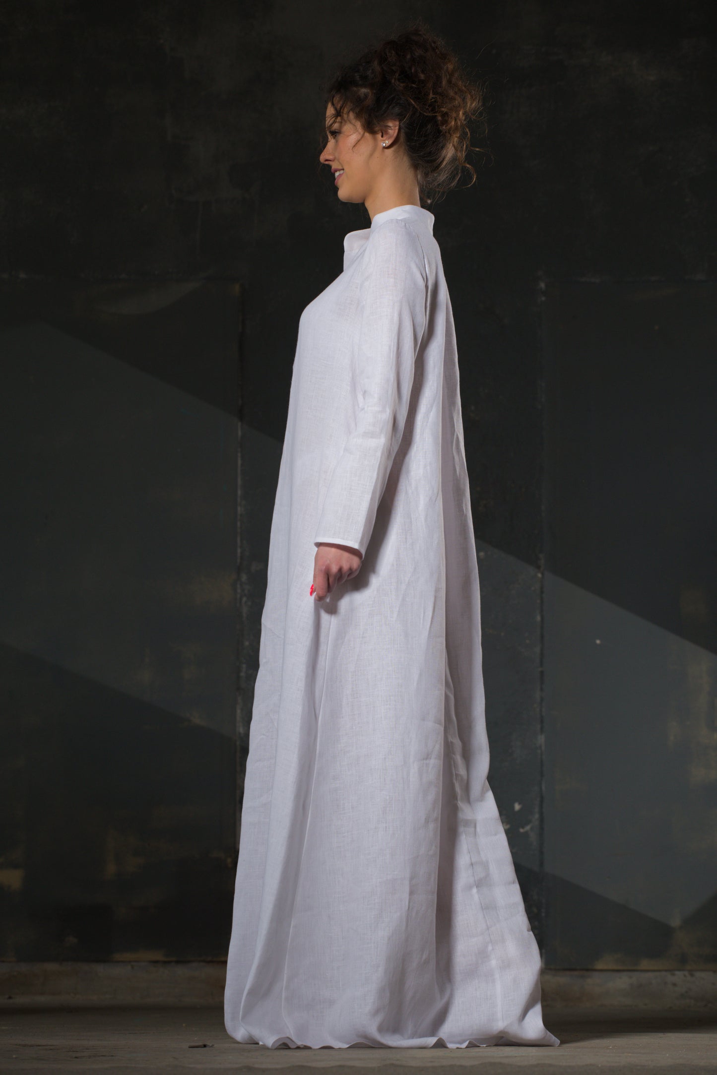 White Linen Maxi Dress — Mandarin Collar, Long Sleeve