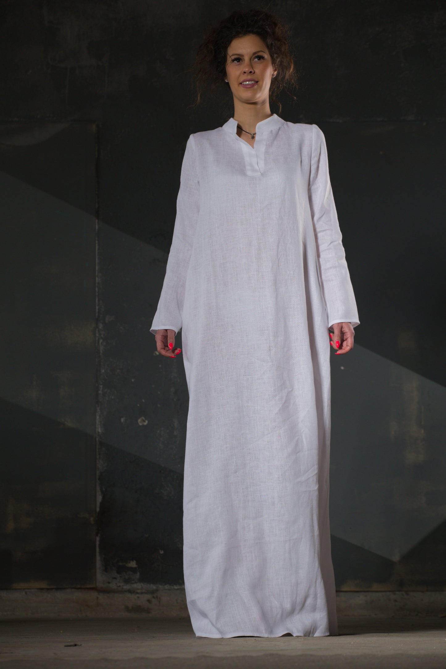 White Linen Maxi Dress — Mandarin Collar, Long Sleeve